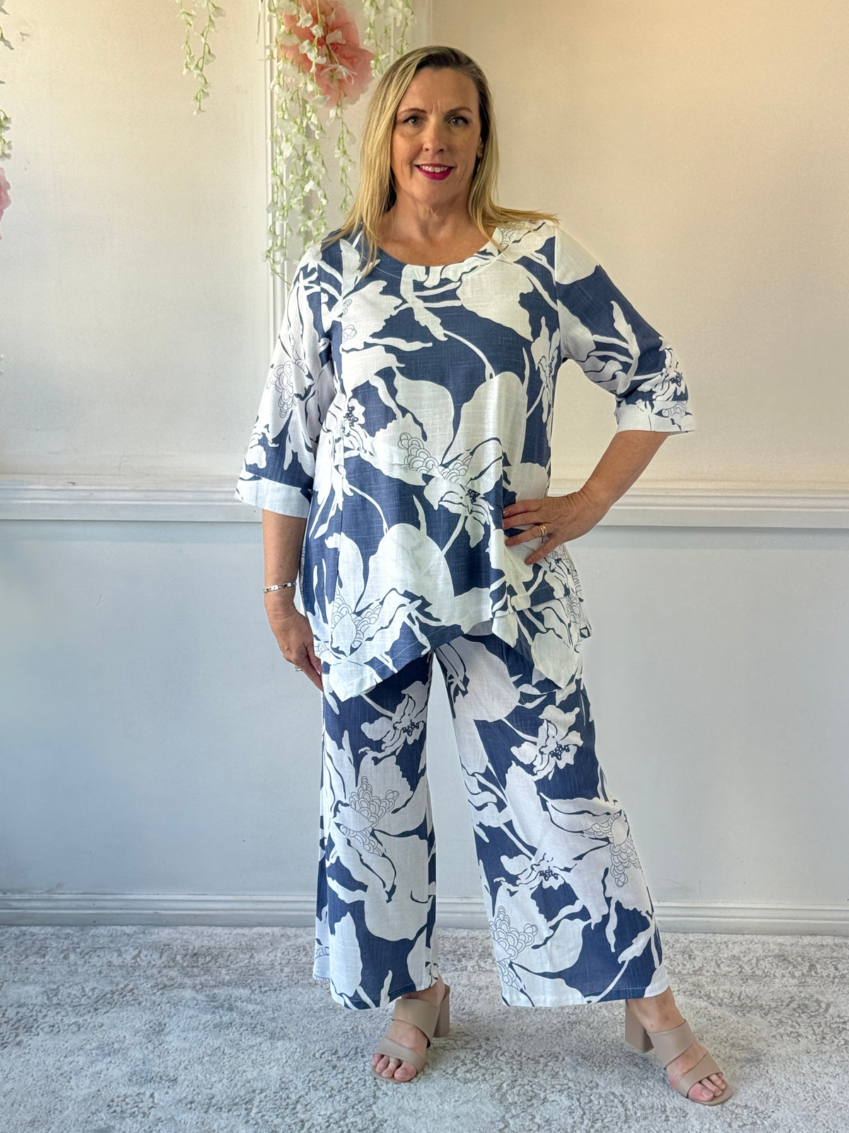 Niylah Blue Floral Linen Pants