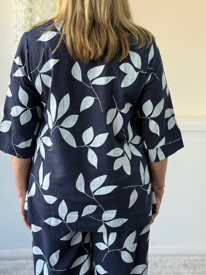Karla Leaf Navy Linen Top