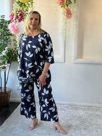 Niylah Navy Leaf Linen Pants