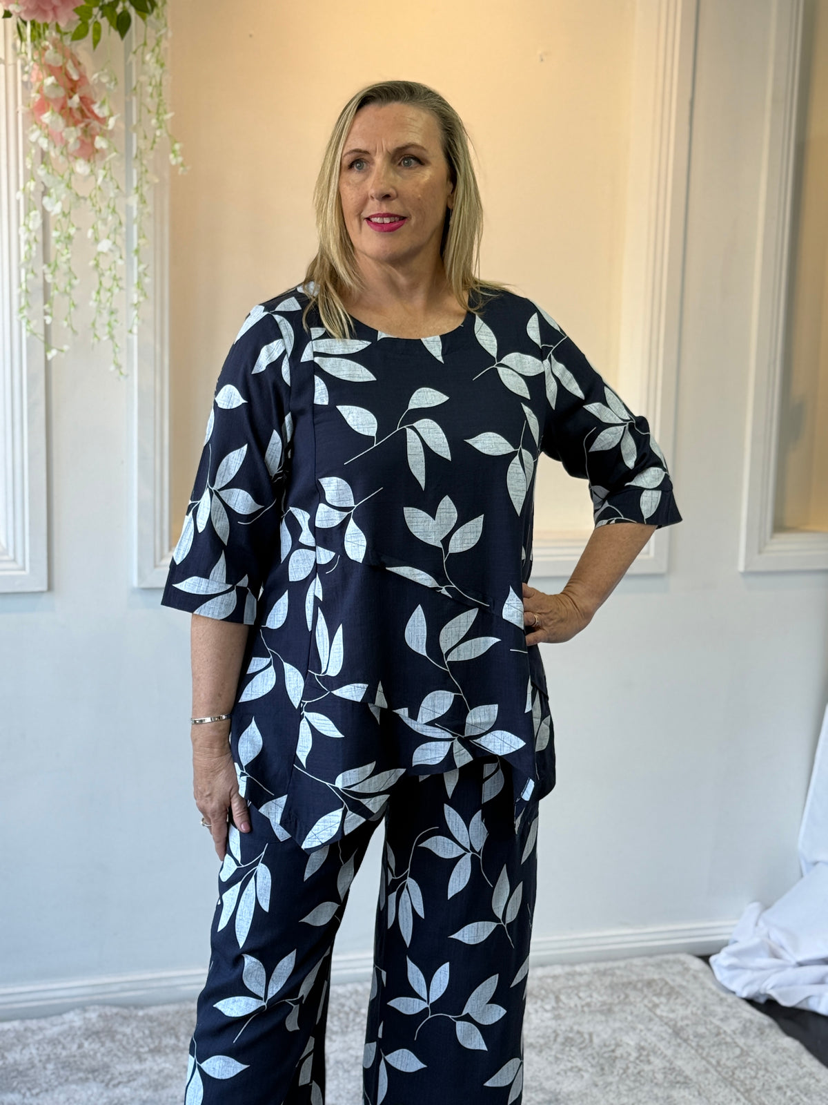 Karla Leaf Navy Linen Top