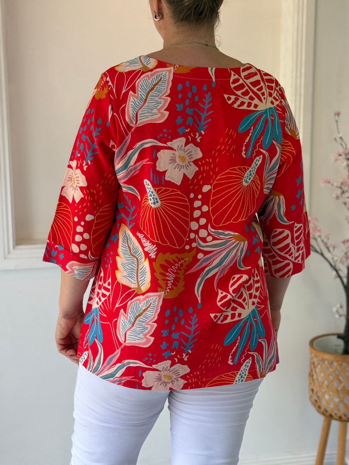 Karla Red Floral Linen Top