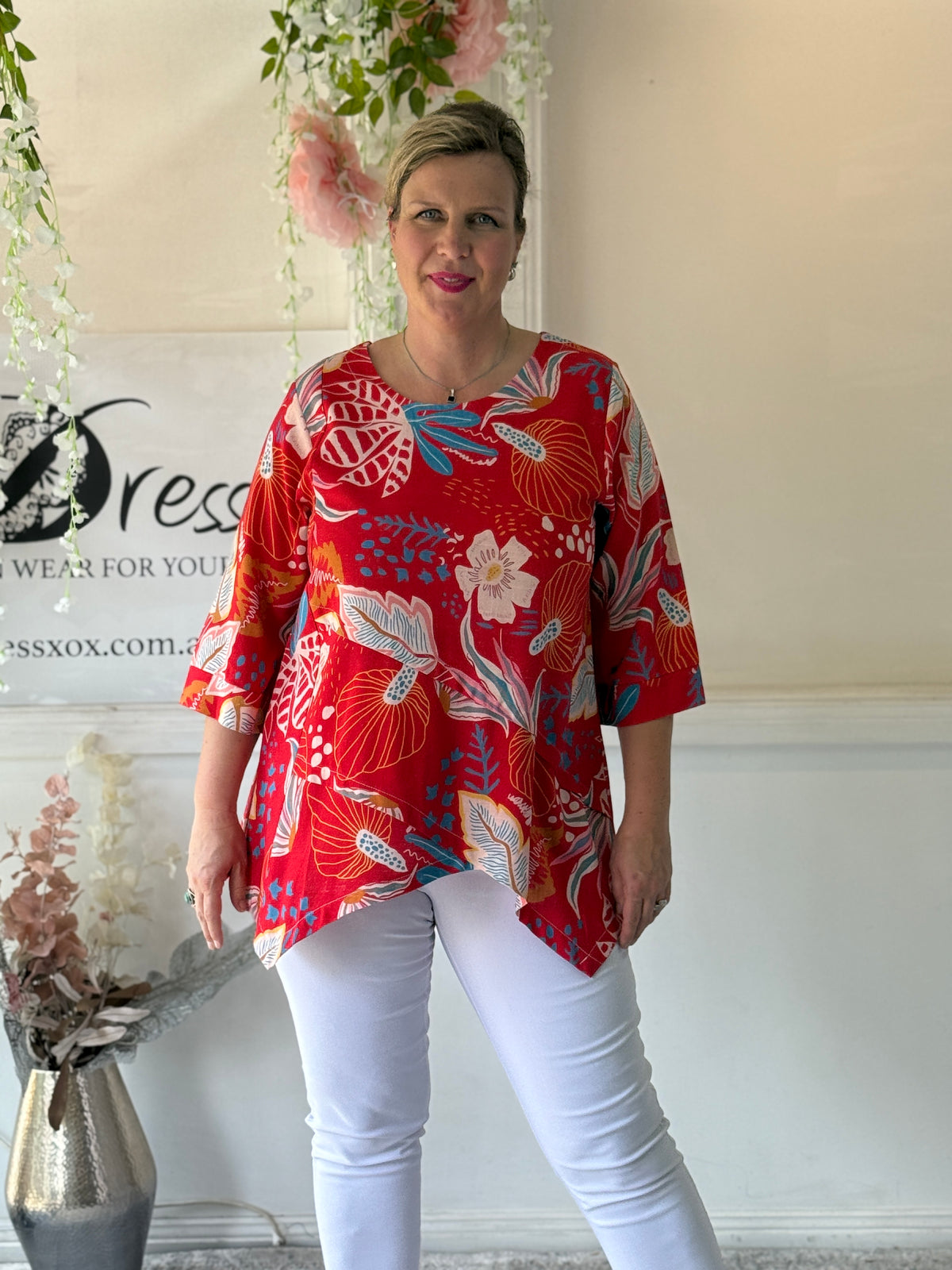 Karla Red Floral Linen Top