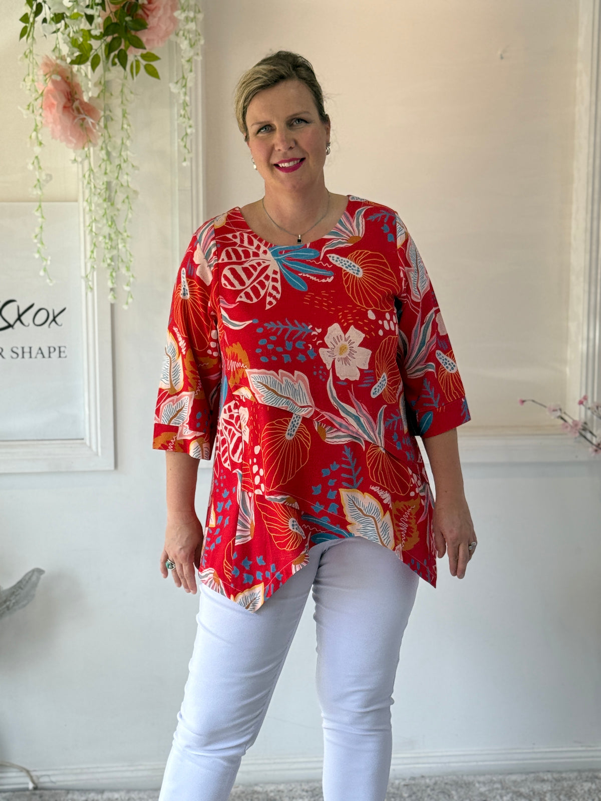 Karla Red Floral Linen Top