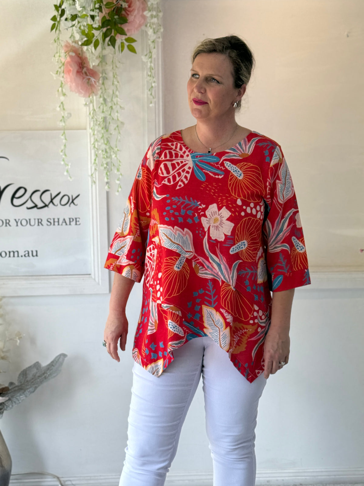 Karla Red Floral Linen Top