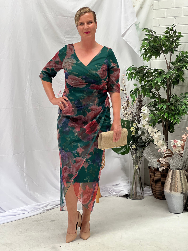 Lima Emerald Floral Evening Dress