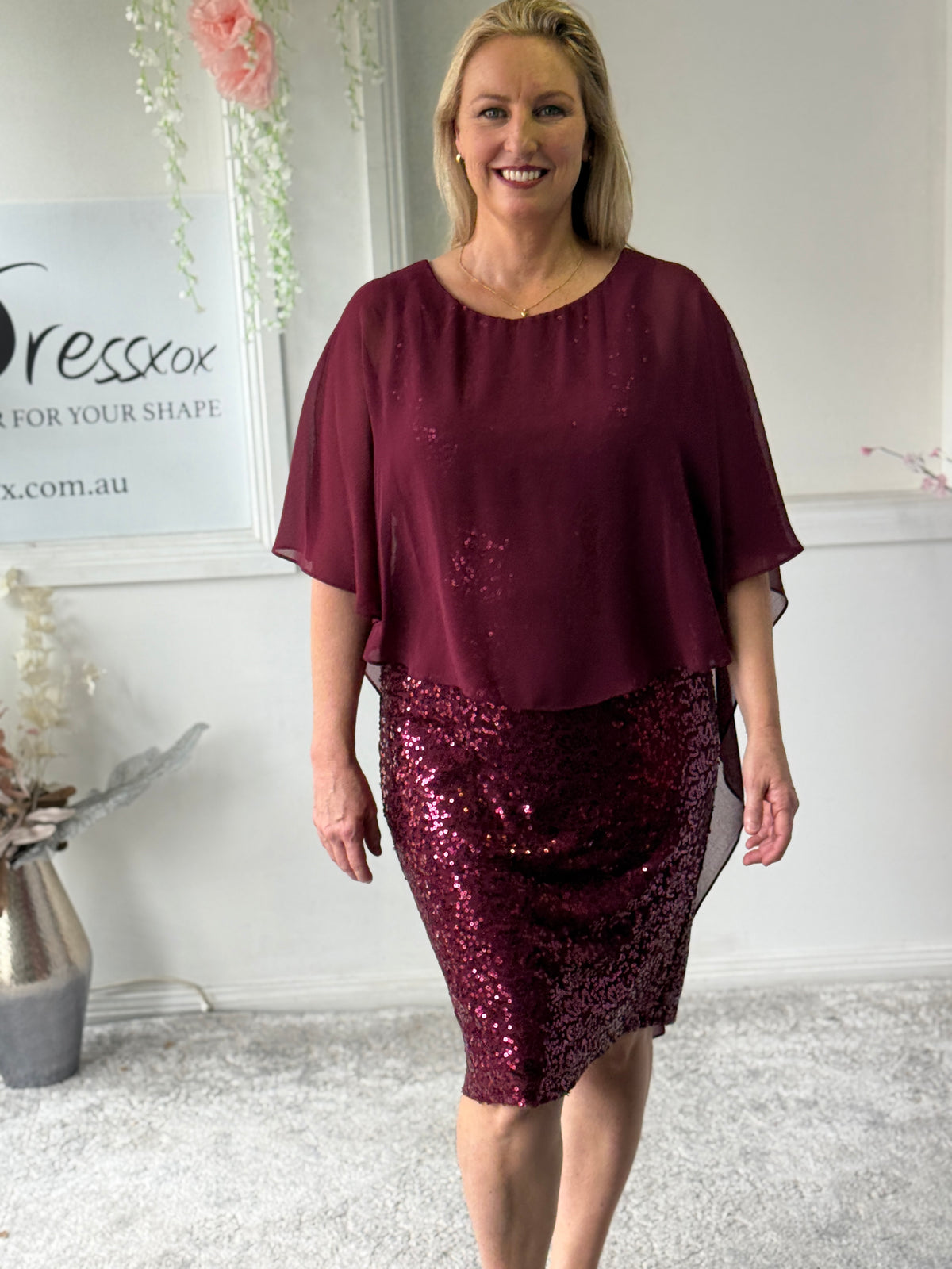 Luina Burgundy Sequin Evening Dress