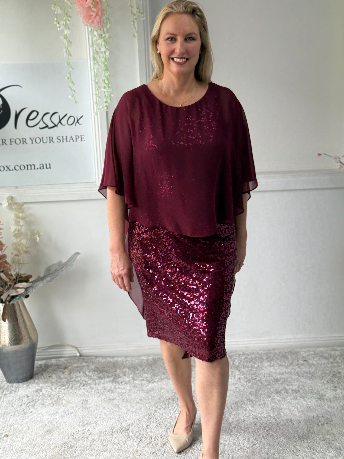 Luina Burgundy Sequin Evening Dress