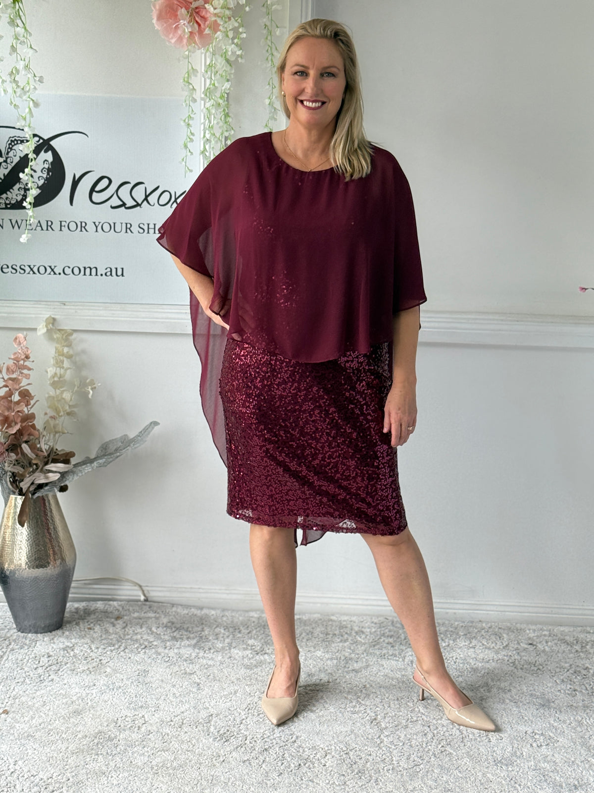 Luina Burgundy Sequin Evening Dress