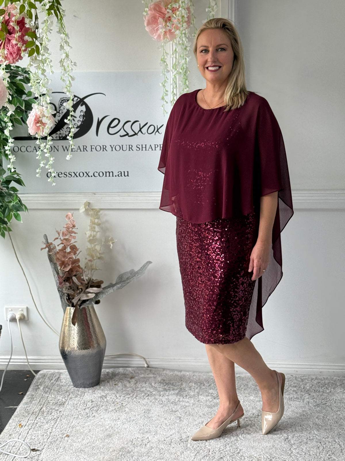 Luina Burgundy Sequin Evening Dress