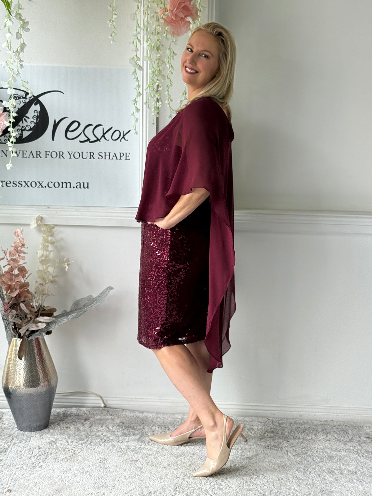 Luina Burgundy Sequin Evening Dress