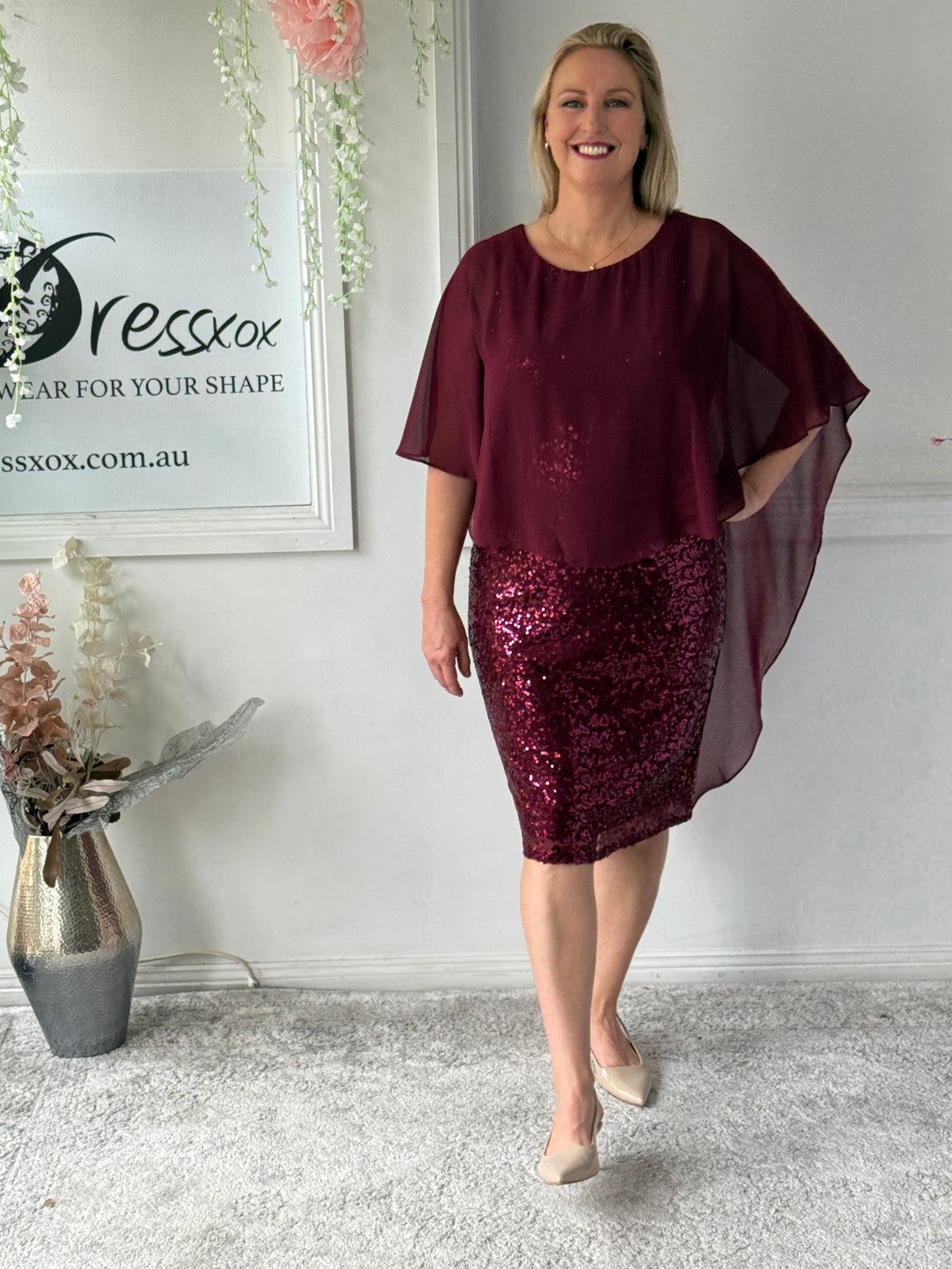 Luina Burgundy Sequin Evening Dress
