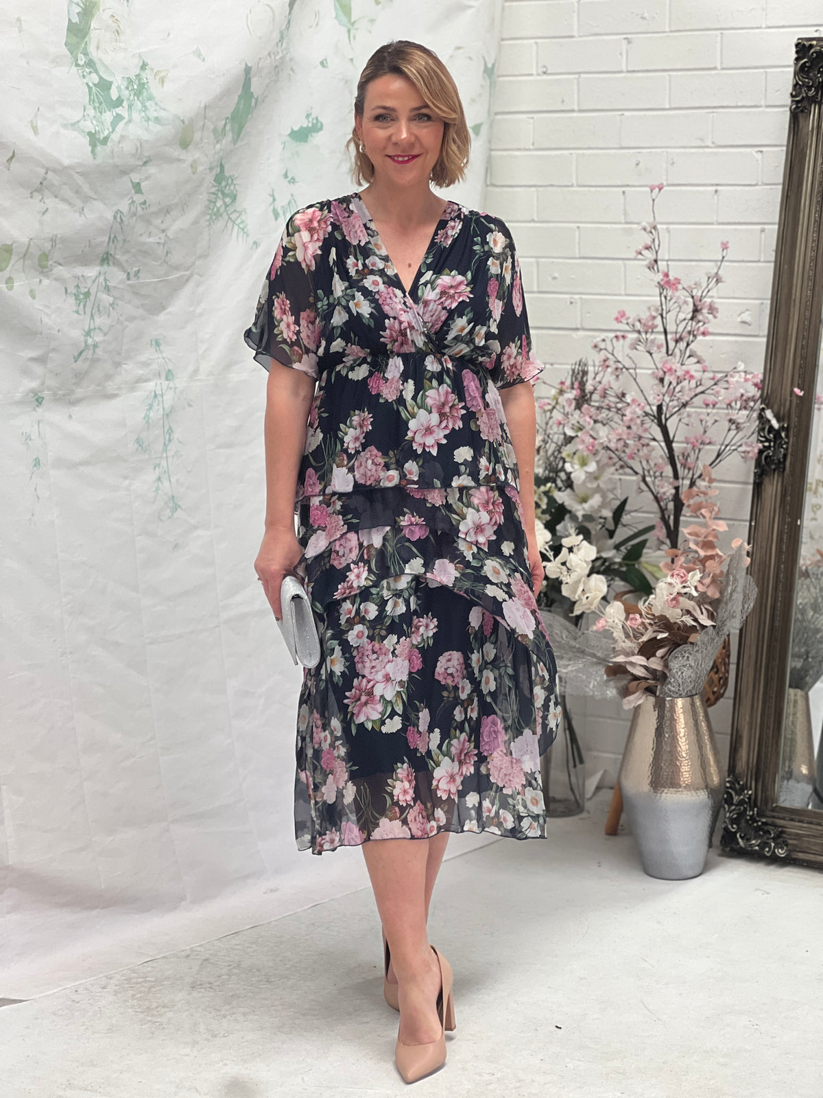 Luna Navy Floral Silk Dress