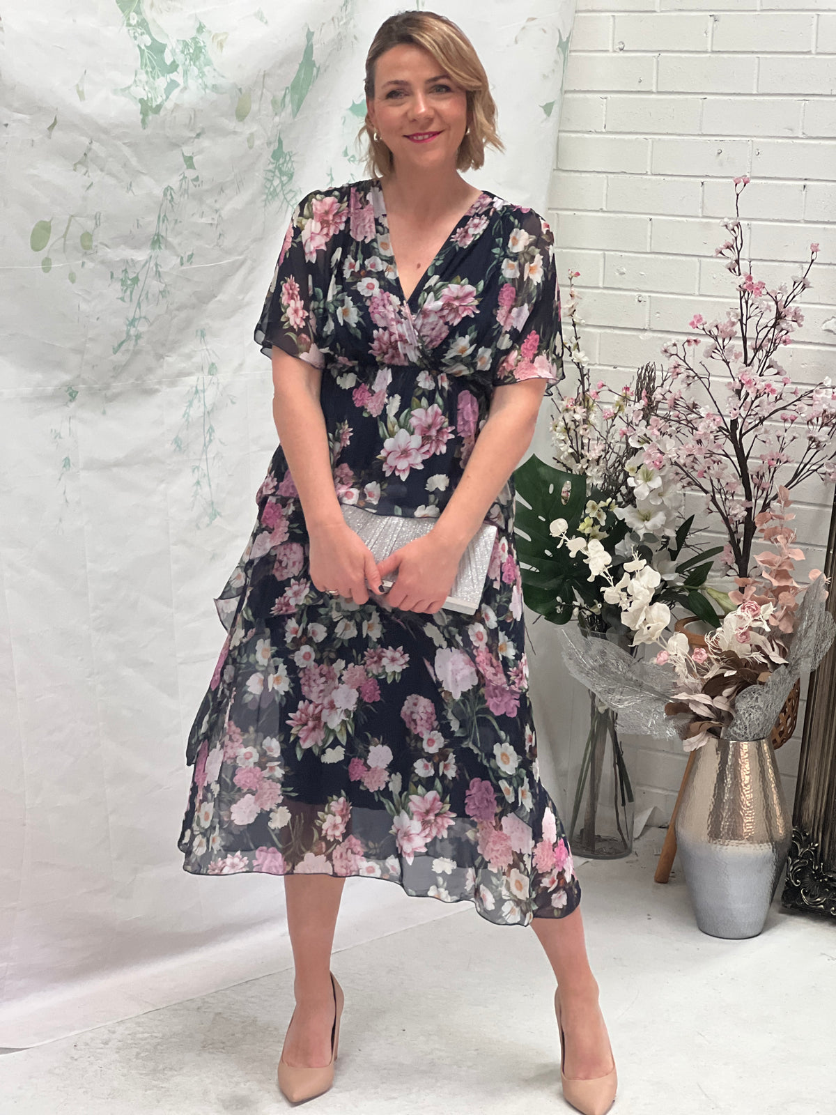 Luna Navy Floral Silk Dress