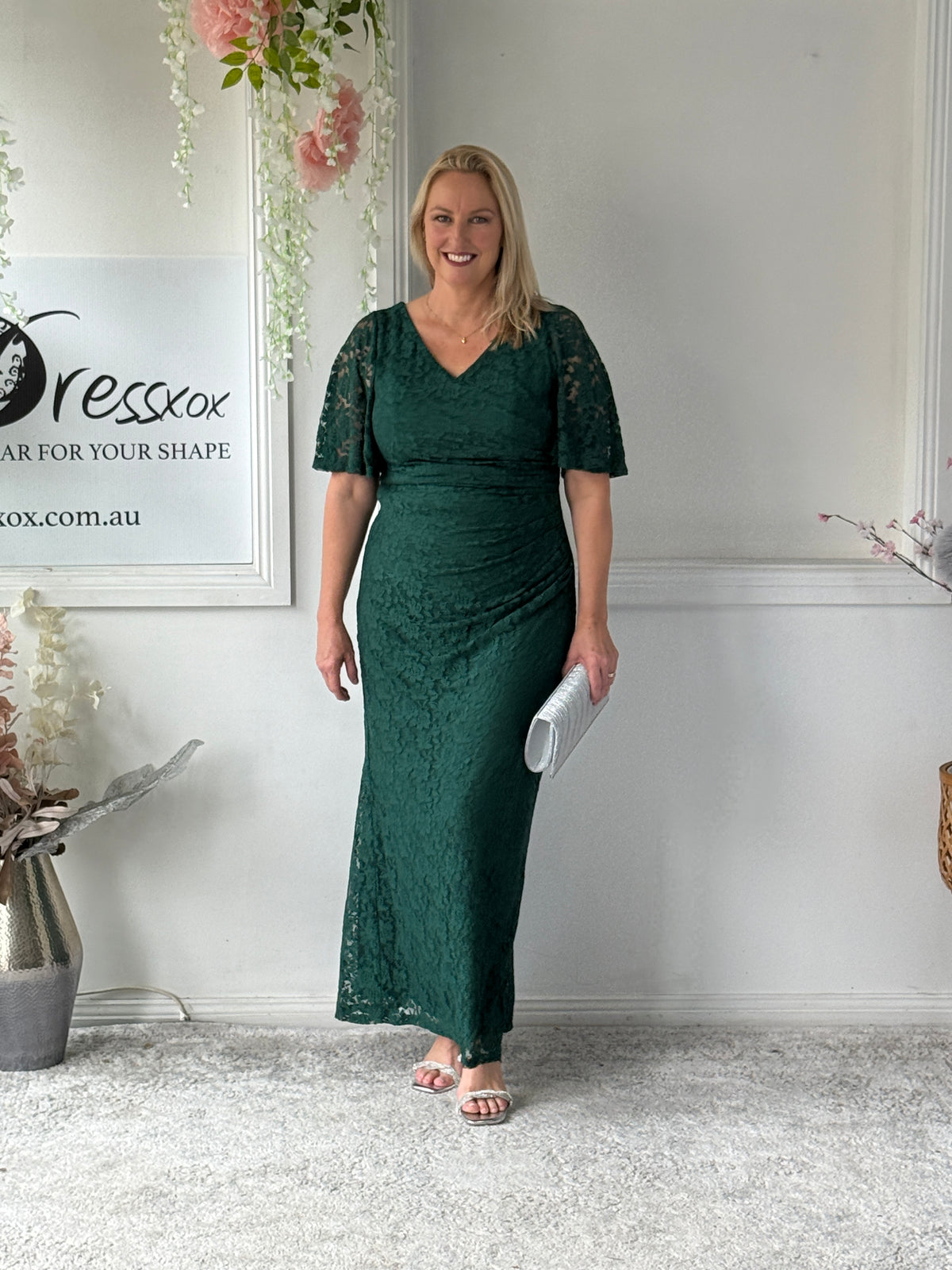 Maria Emerald Lace Evening Gown