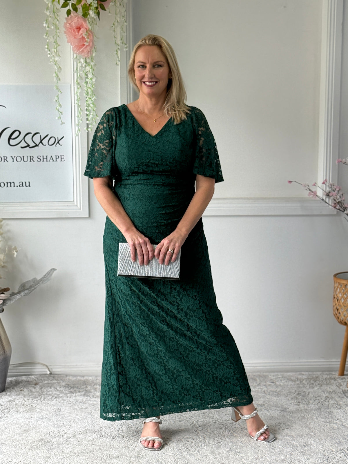 Maria Emerald Lace Evening Gown