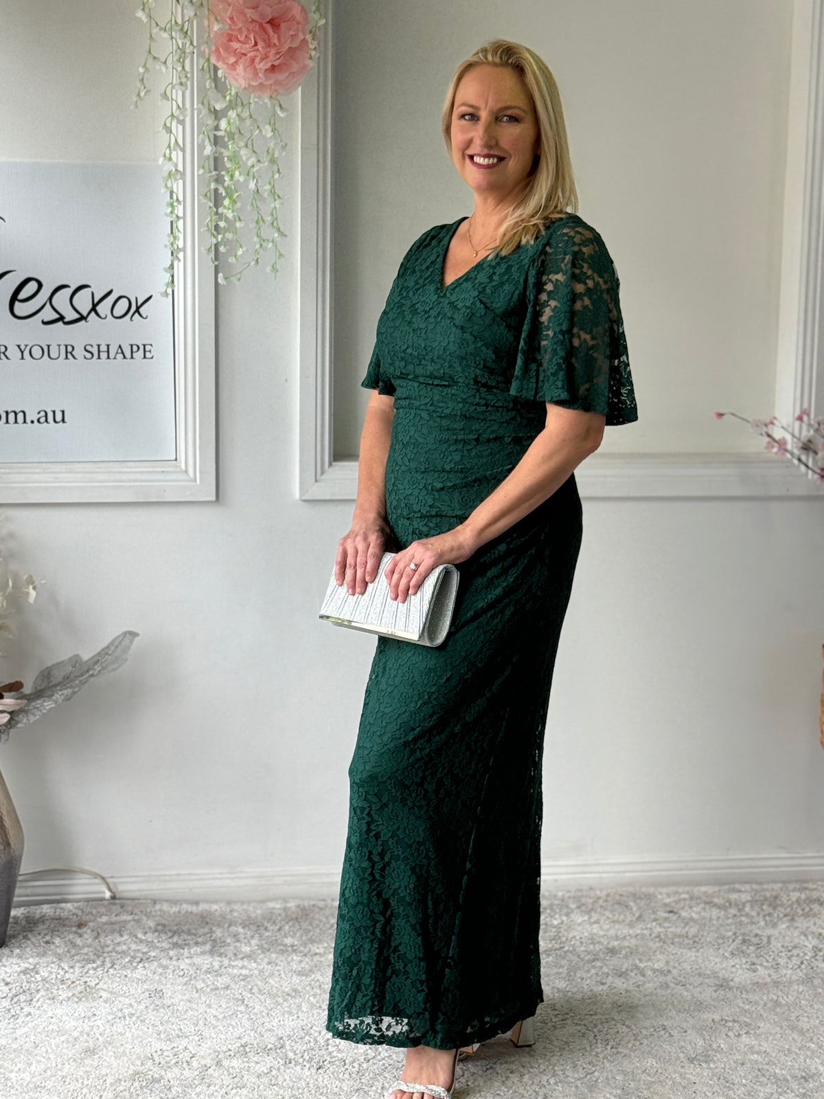 Maria Emerald Lace Evening Gown