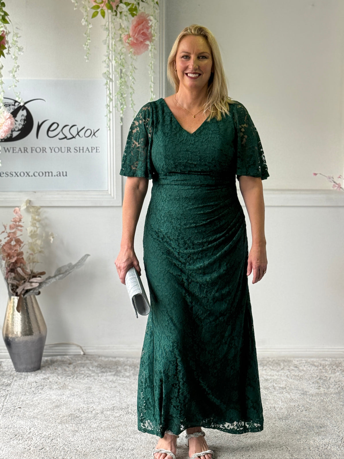 Maria Emerald Lace Evening Gown
