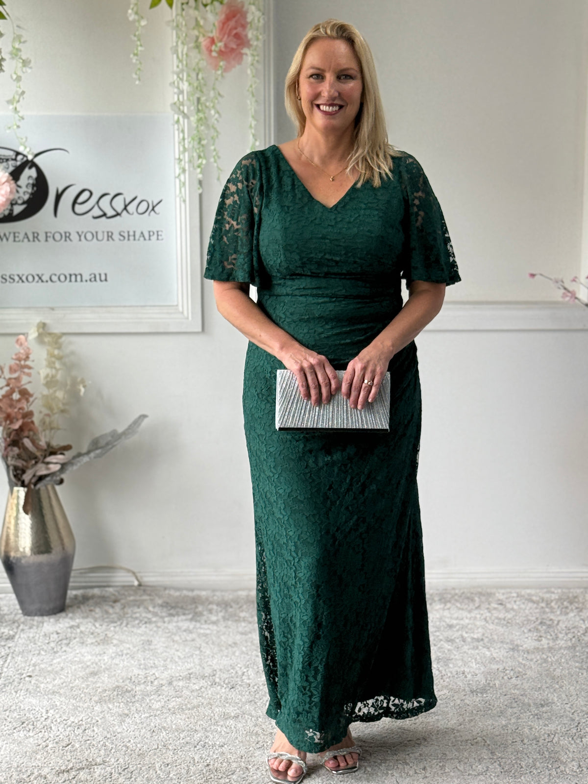 Maria Emerald Lace Evening Gown