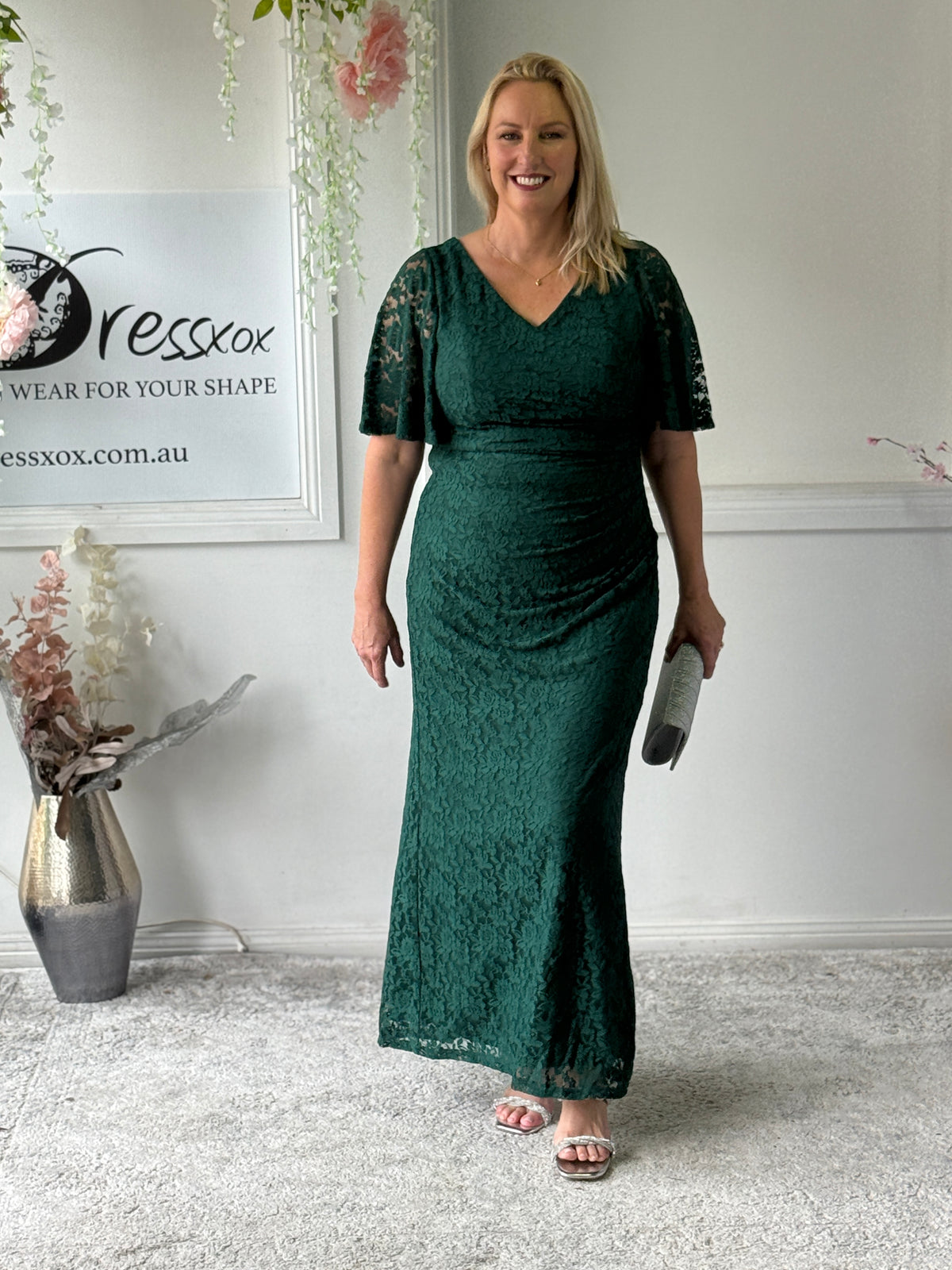 Maria Emerald Lace Evening Gown