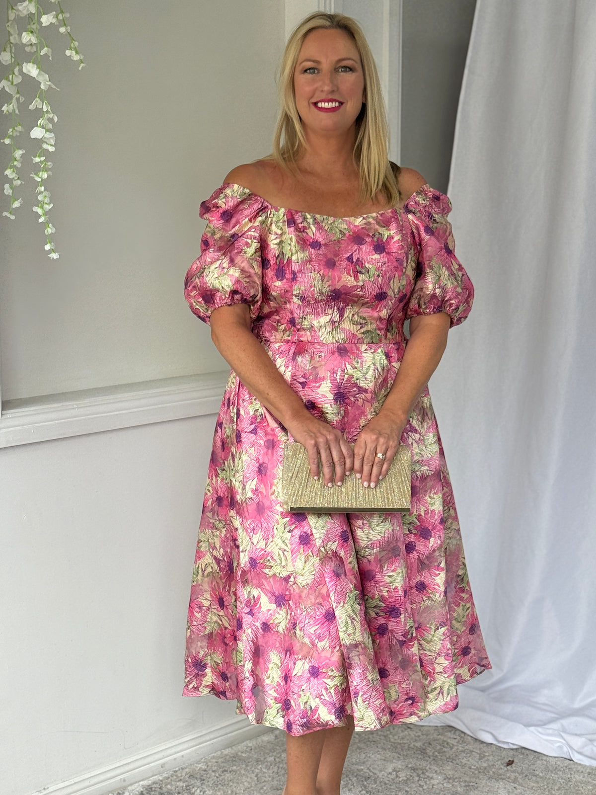 pink floral organza dress Pink Floral Organza Dress: Square Neck Summer Party Dress