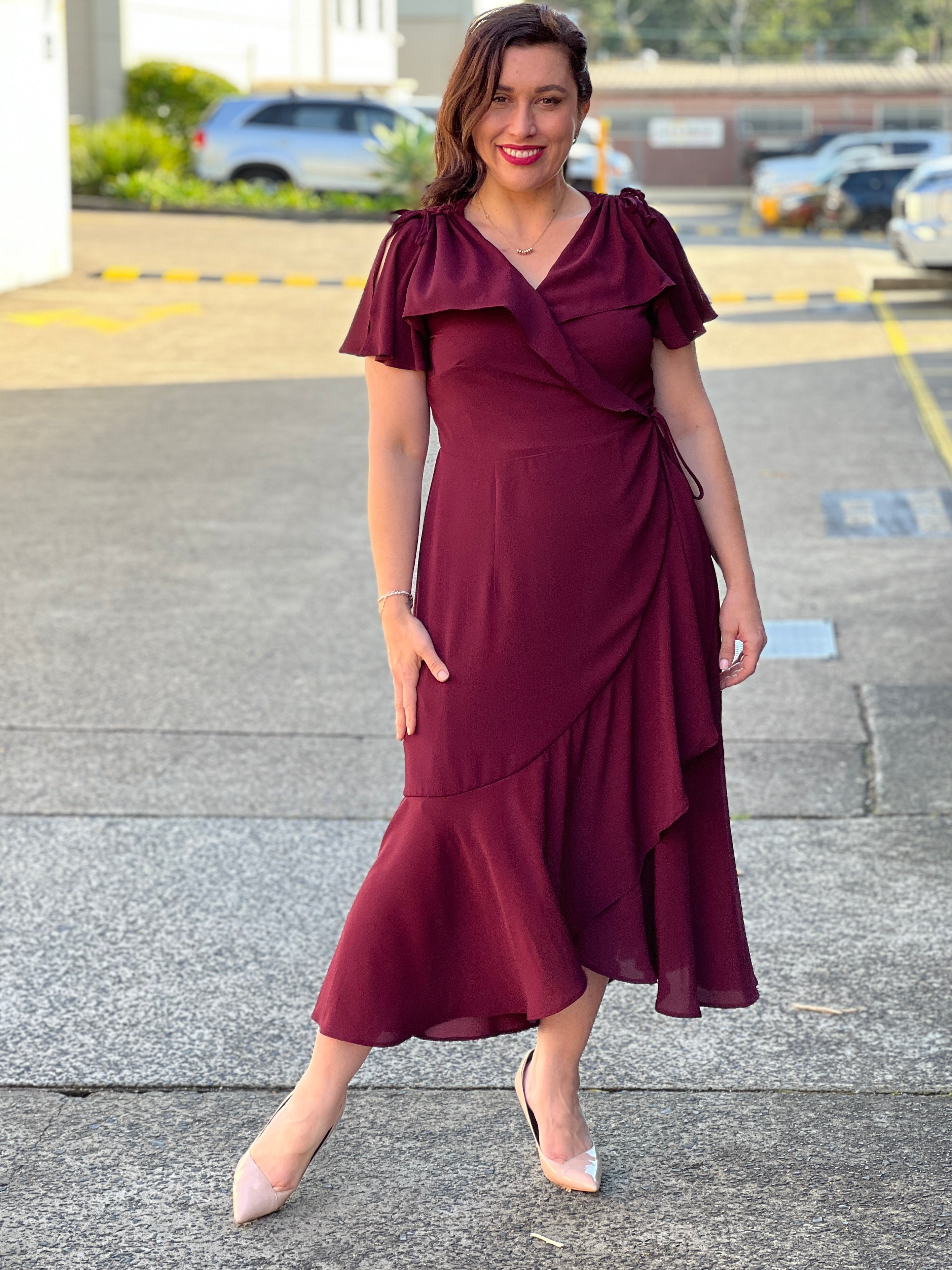 Burgundy wrap outlet dress midi