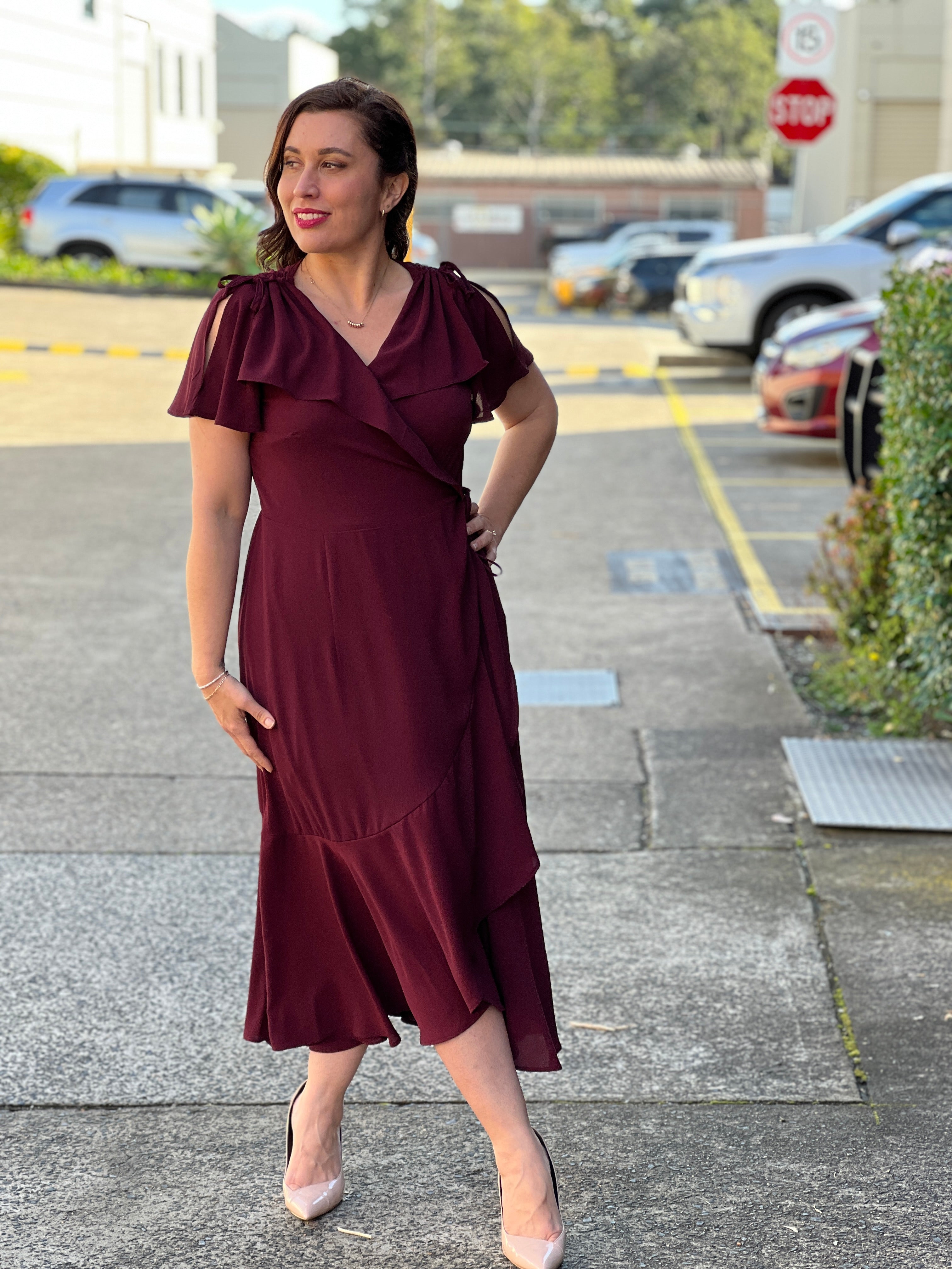 A maroon dress best sale