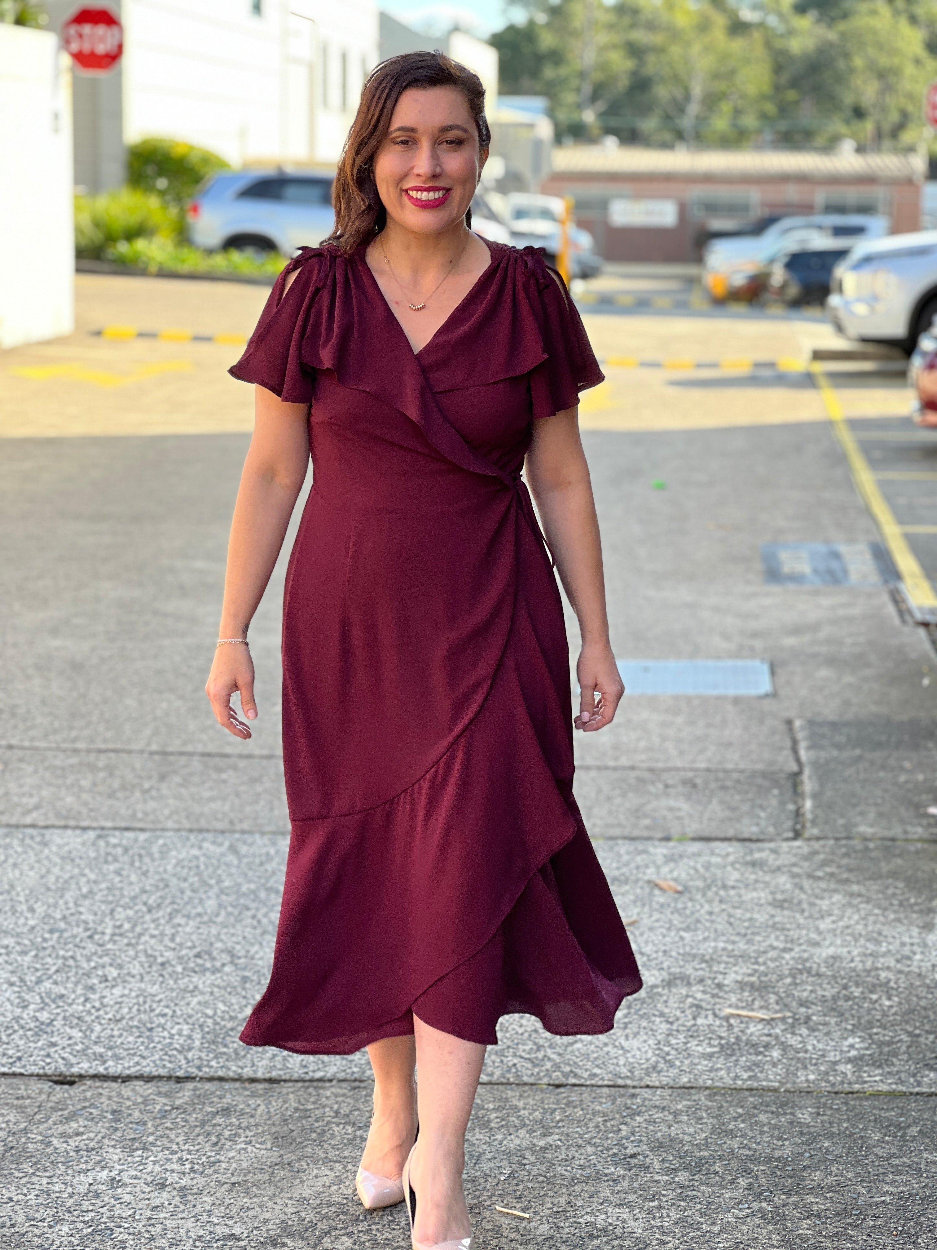 Burgundy ruffle dress best sale