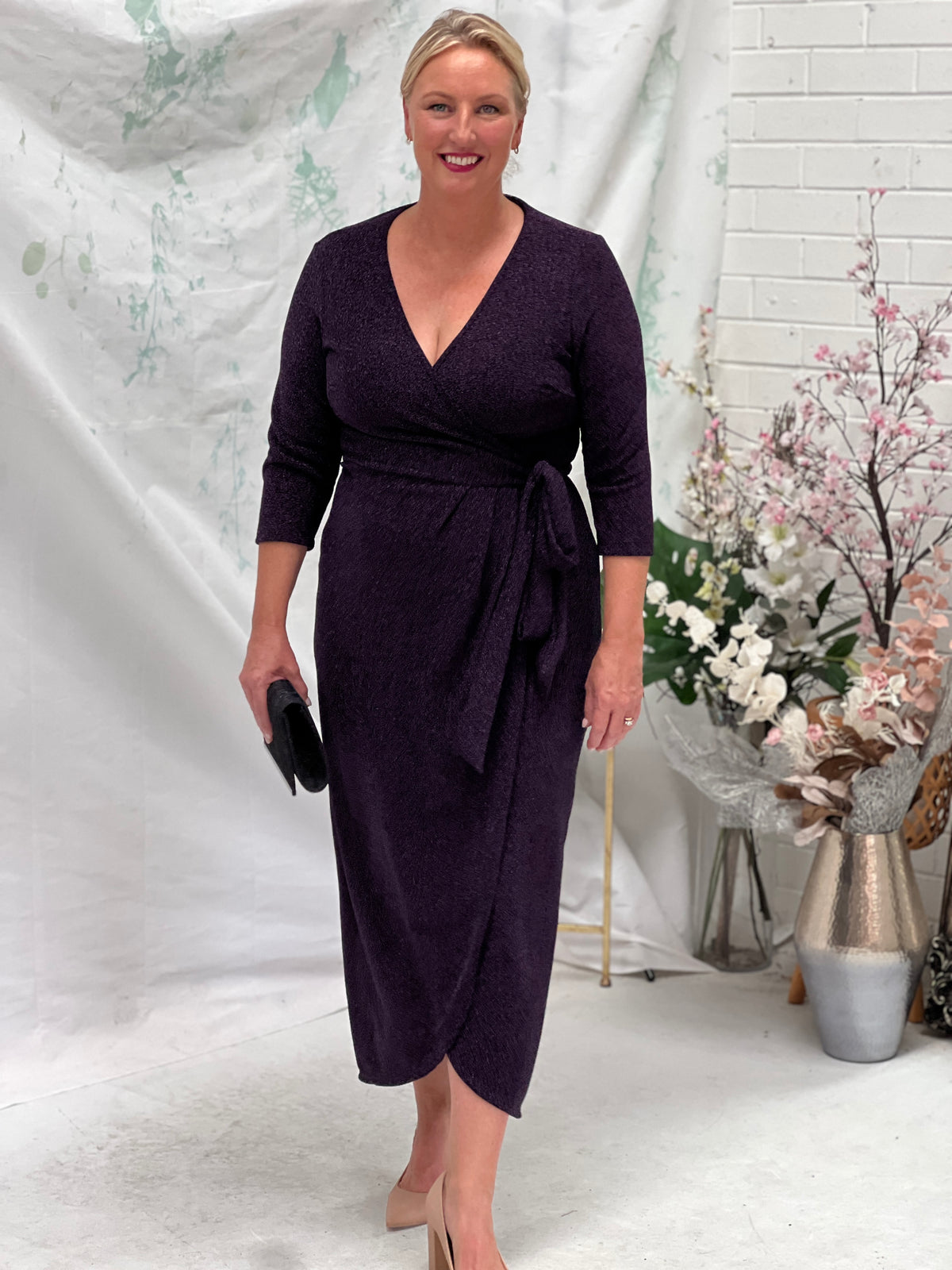 Odessa Purple Glitter Wrap Gown