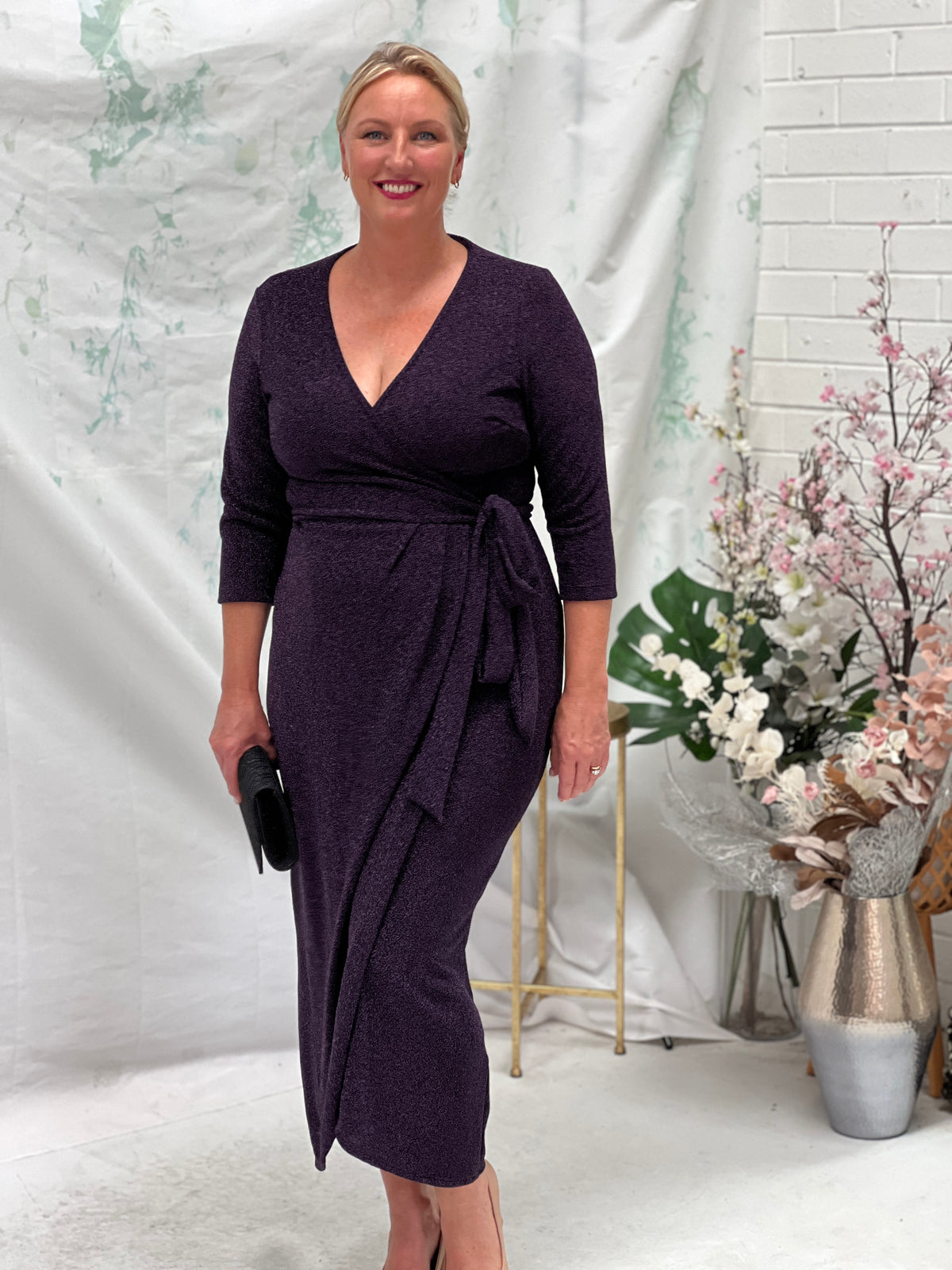 Odessa Purple Glitter Wrap Gown