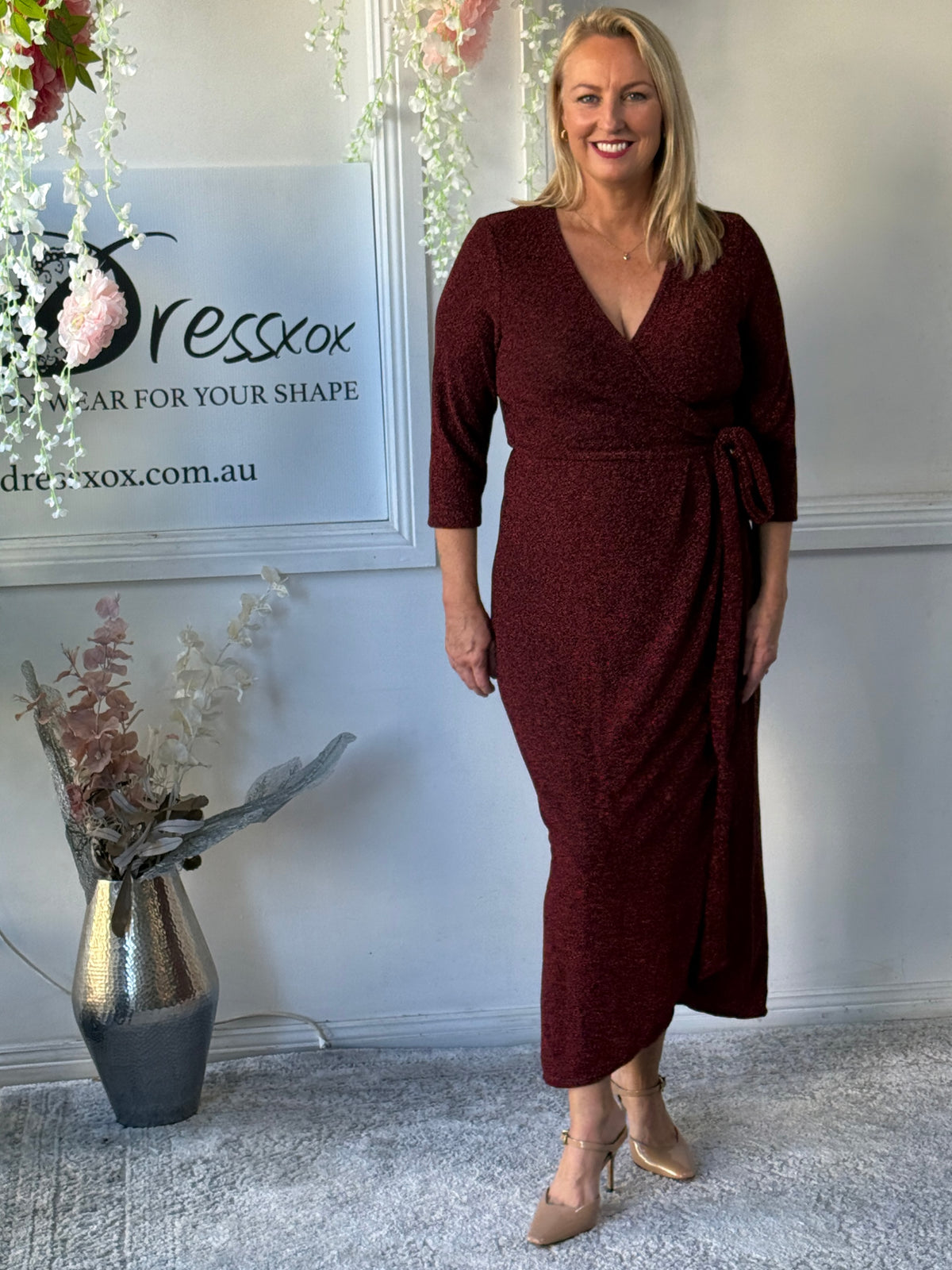 Odessa Burgundy Glitter Wrap Gown