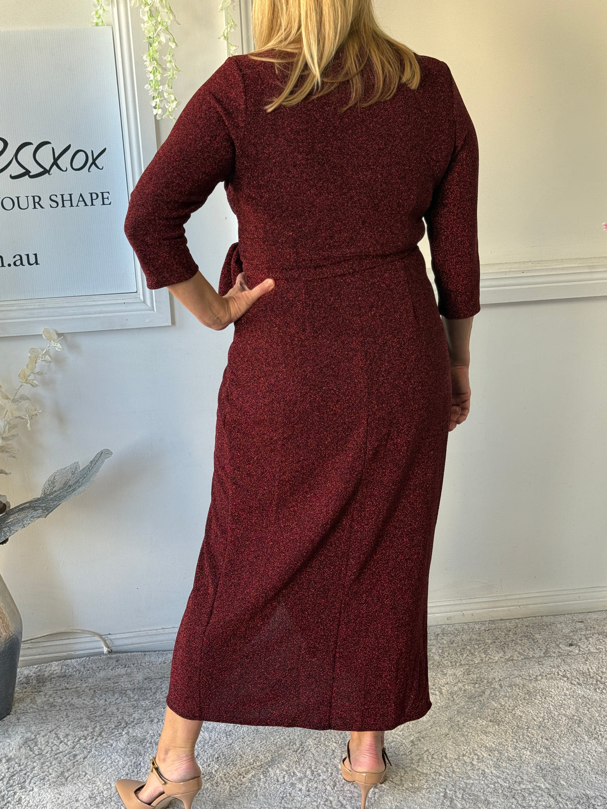 Odessa Burgundy Glitter Wrap Gown
