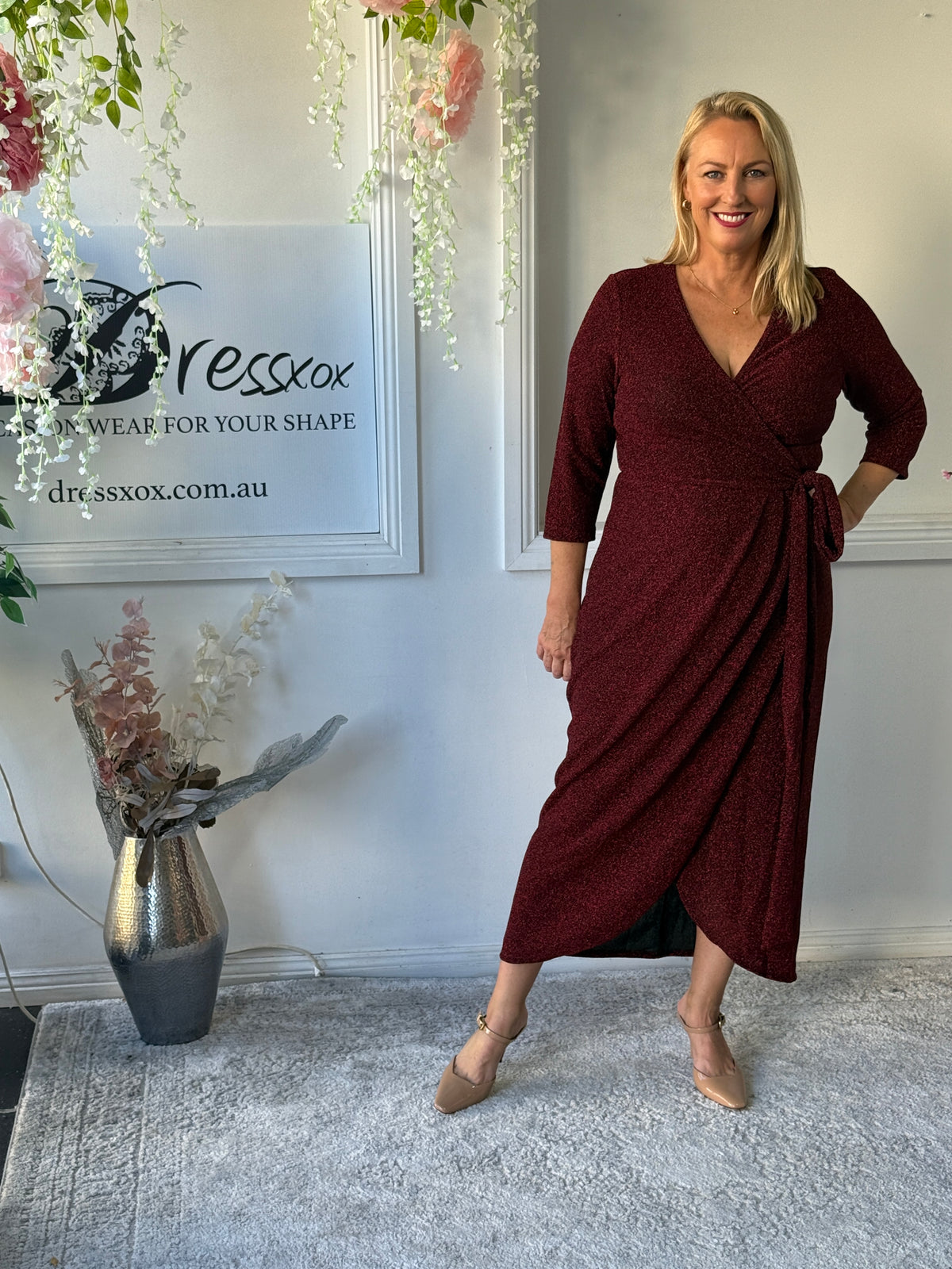 Odessa Burgundy Glitter Wrap Gown