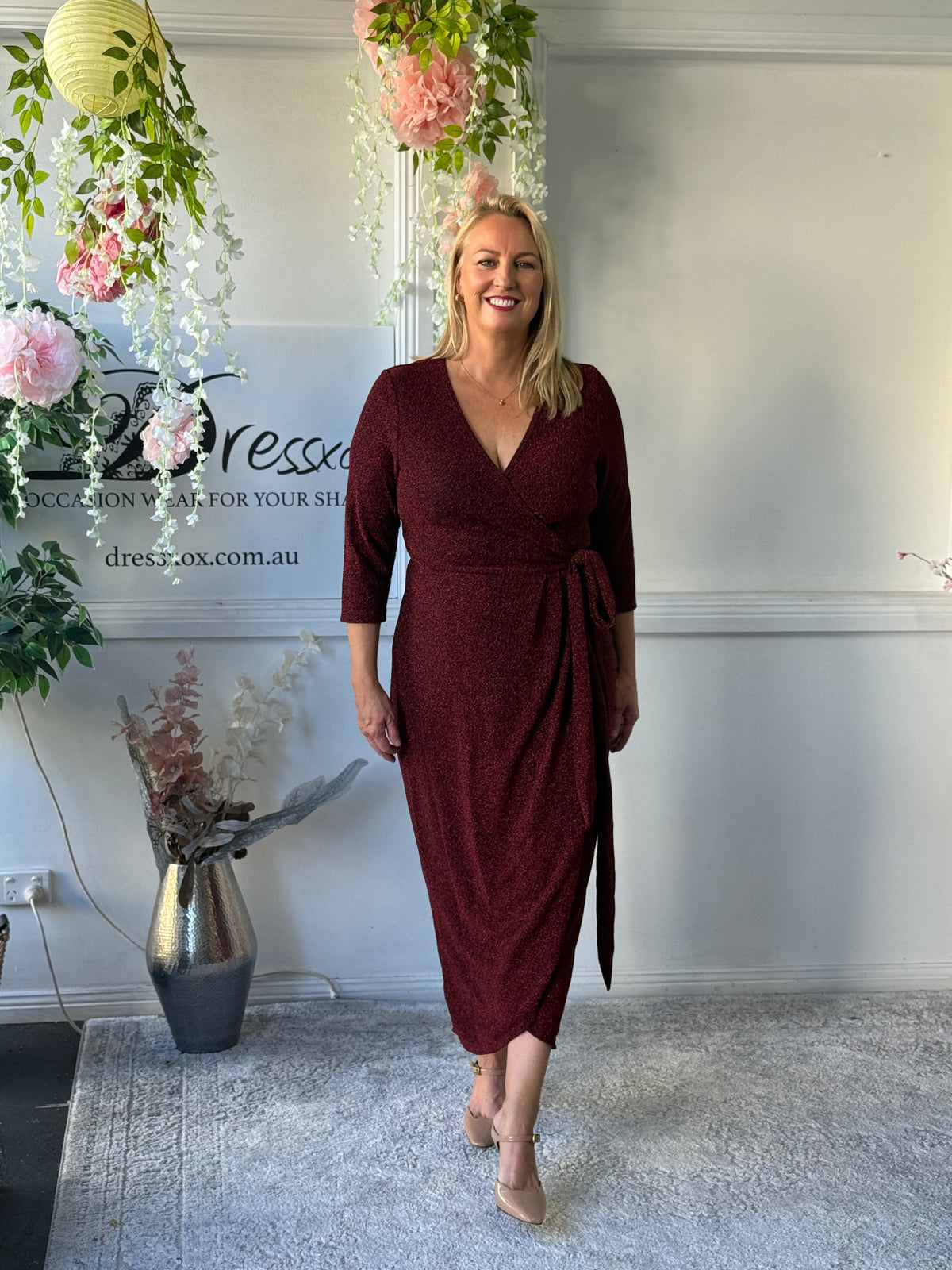 Odessa Burgundy Glitter Wrap Gown