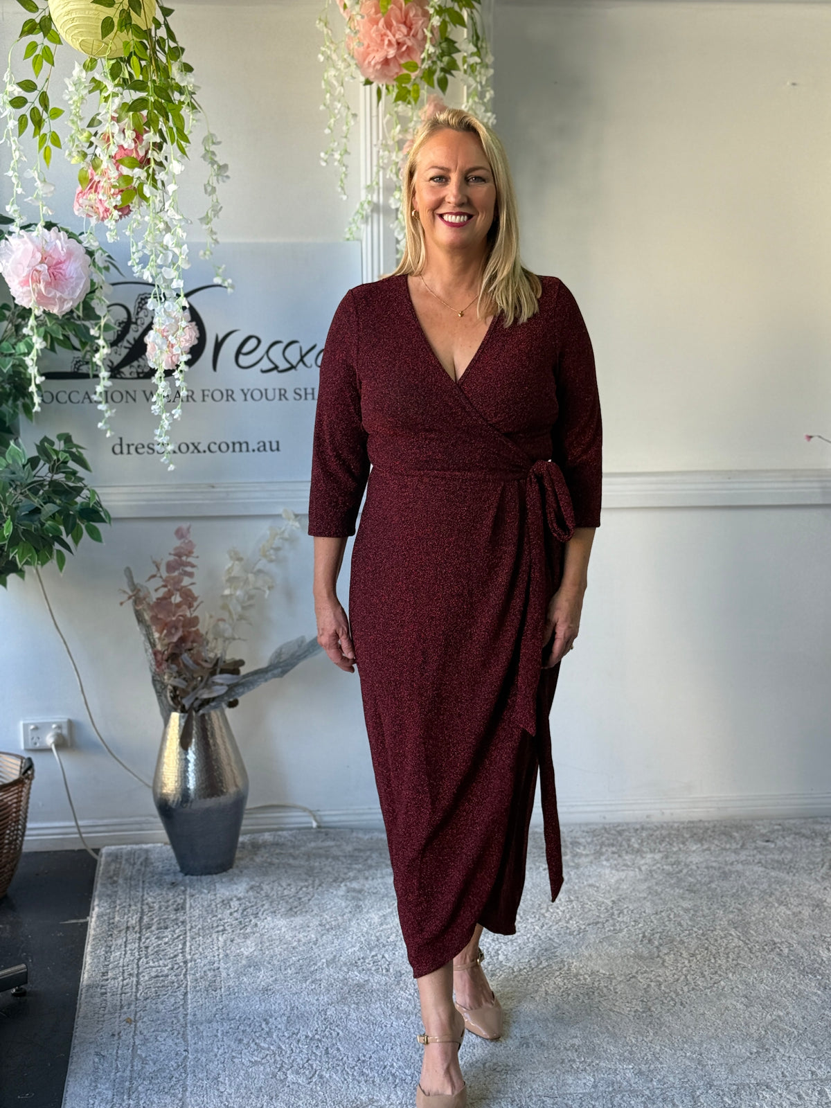 Odessa Burgundy Glitter Wrap Gown