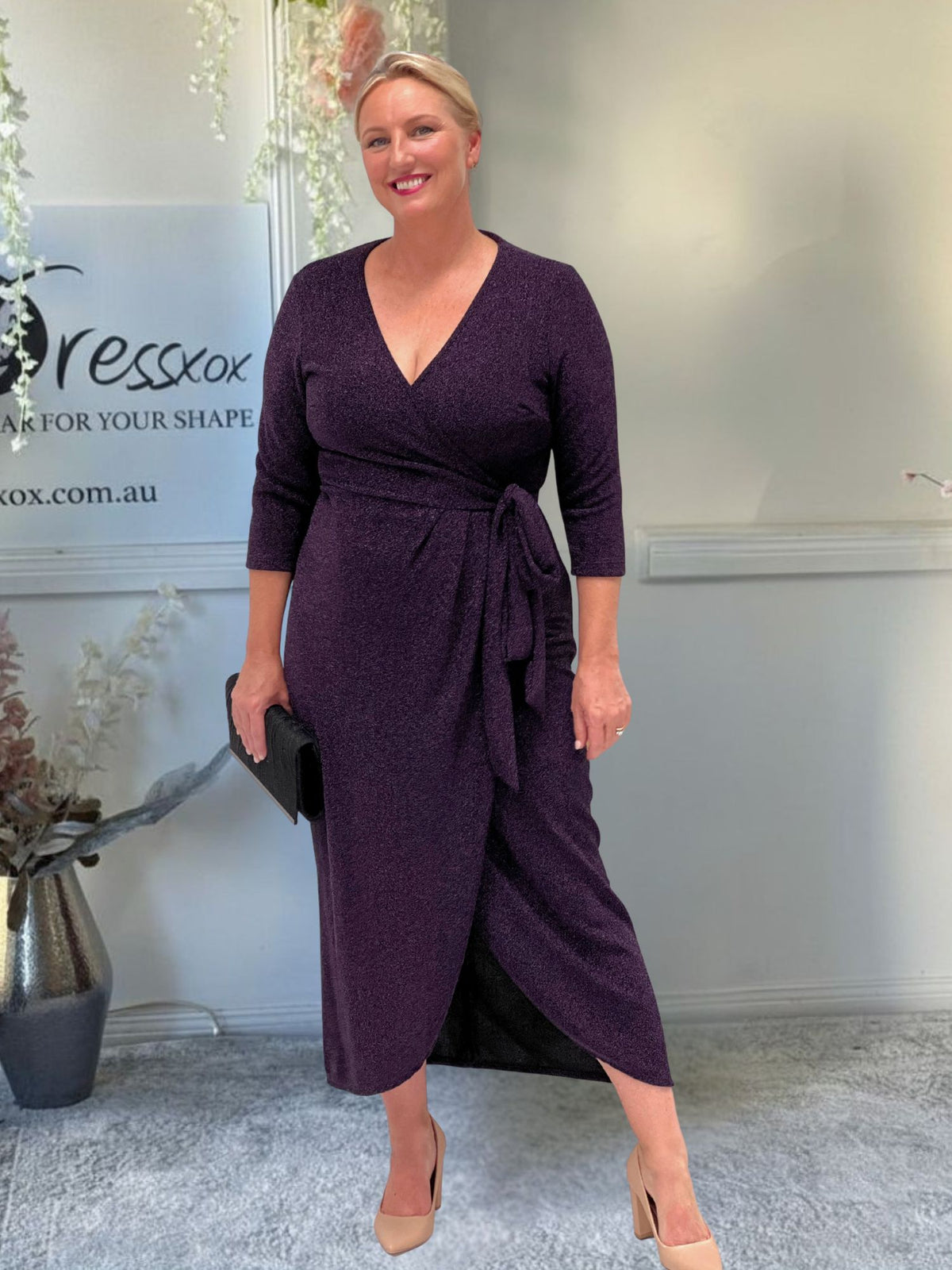 Odessa Purple Glitter Wrap Gown