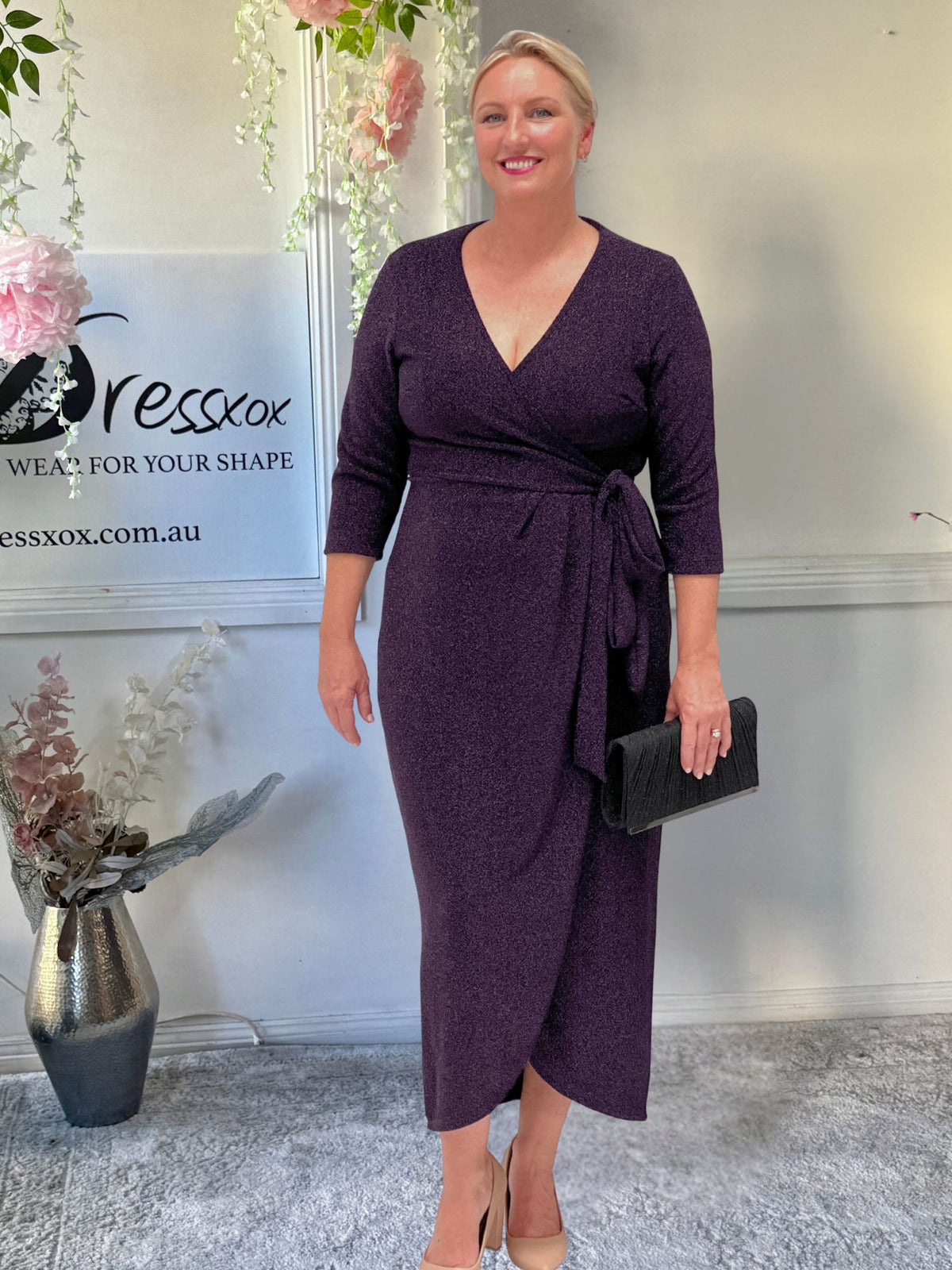 Odessa Purple Glitter Wrap Gown