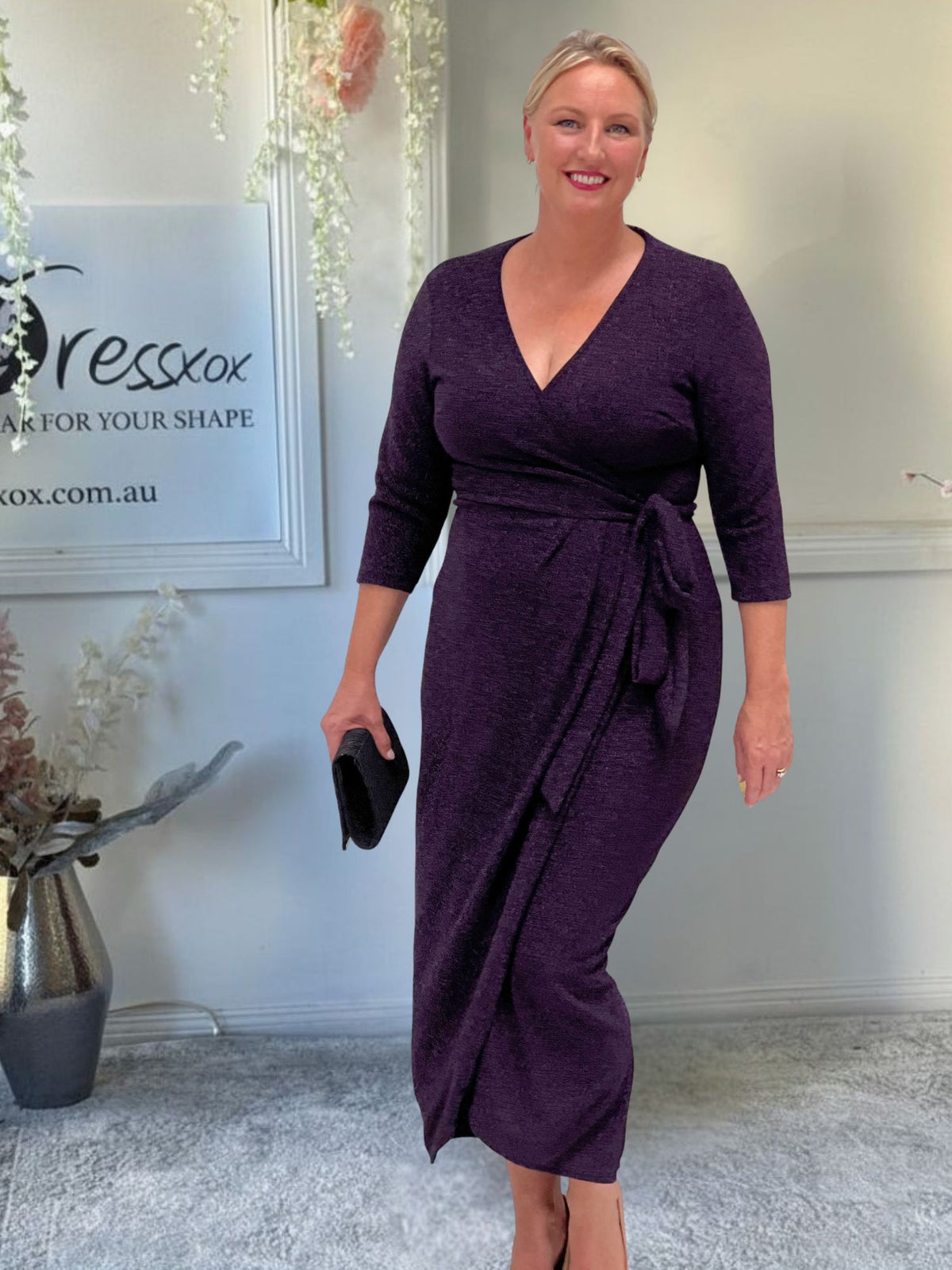 Odessa Purple Glitter Wrap Gown