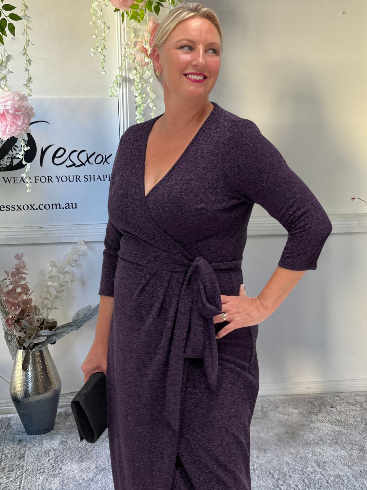 Odessa Purple Glitter Wrap Gown