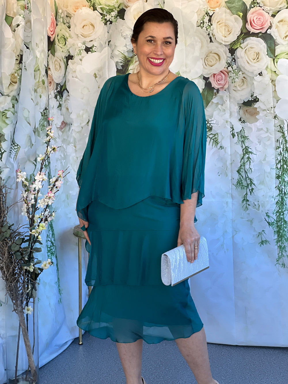SILK TIERED DRESS - TEAL