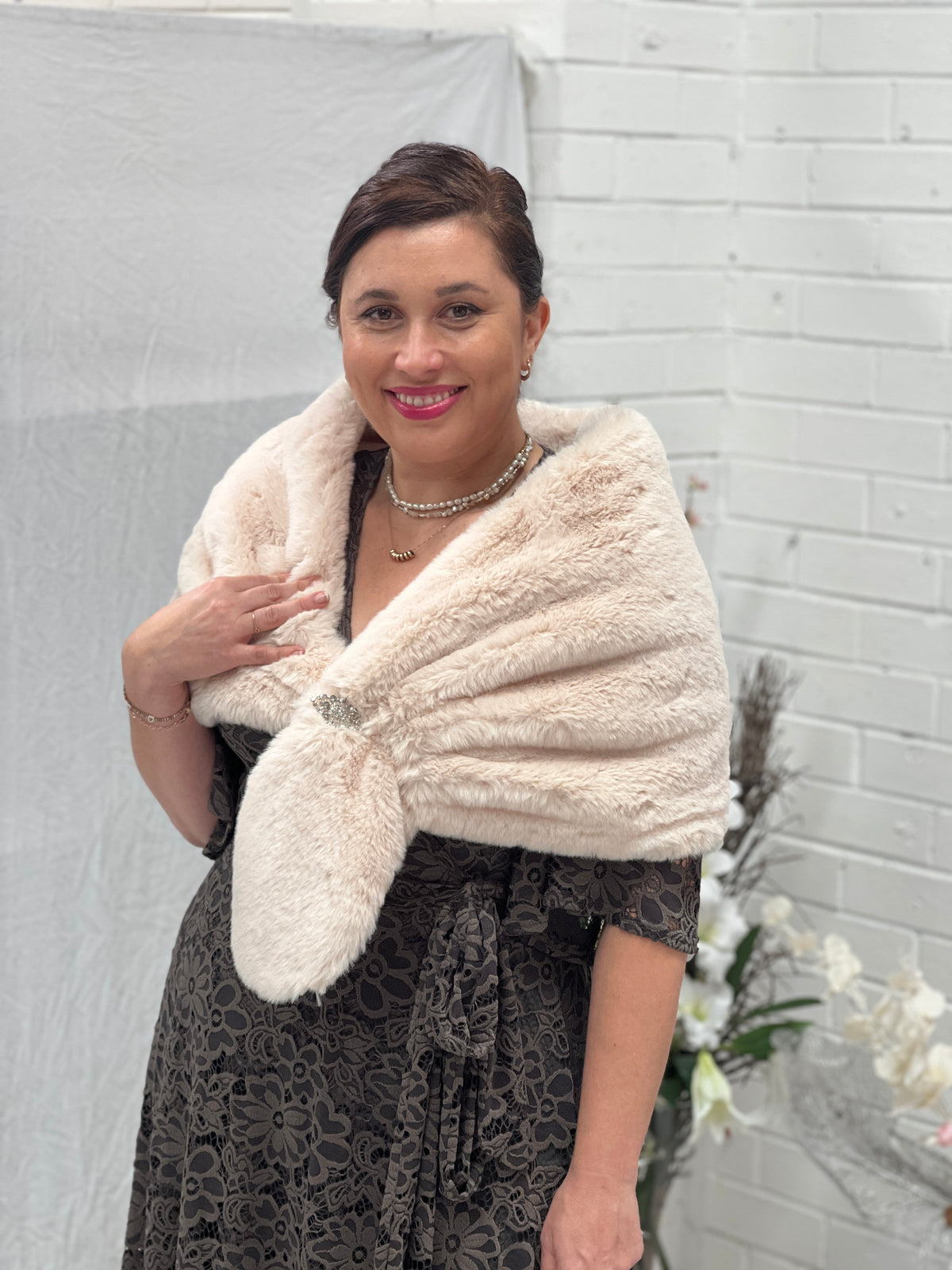 Yannis Cream Faux Fur Shawl