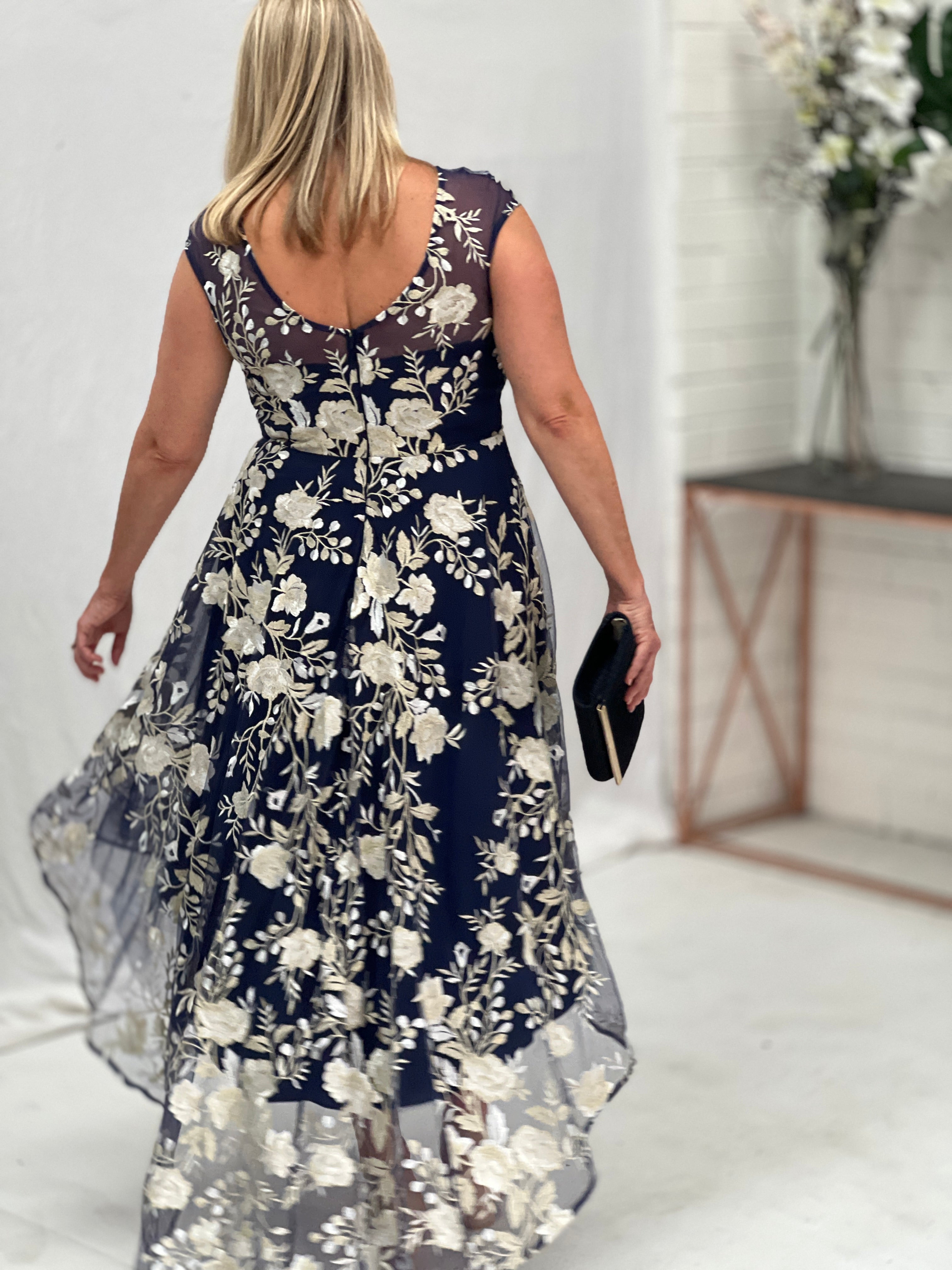 Ria Navy Embroidered Evening Dress Dressxox