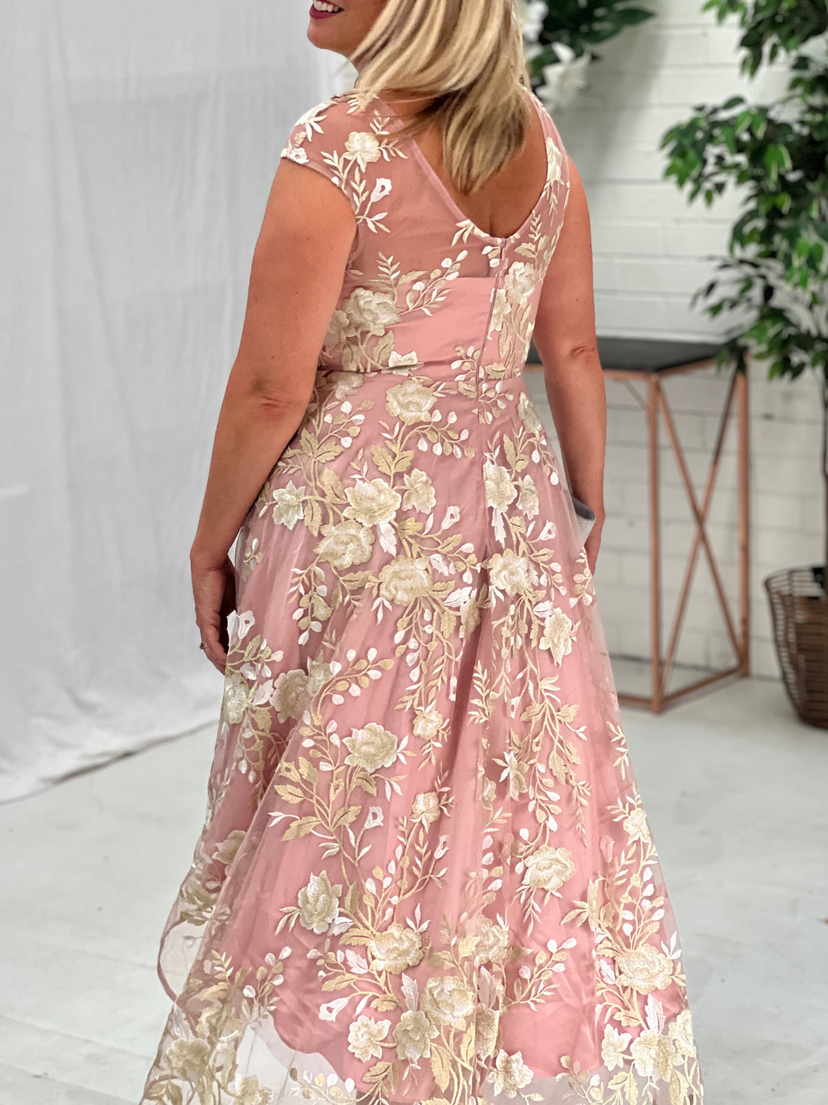 Ria Blush Embroidered Evening Dress