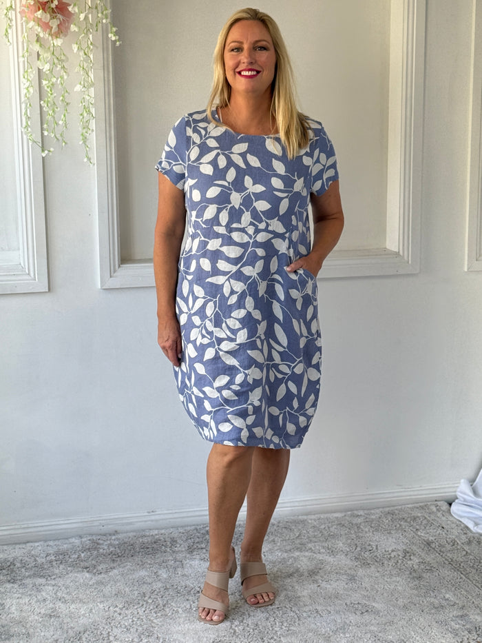 Sicily Blue Leaf Linen Dress