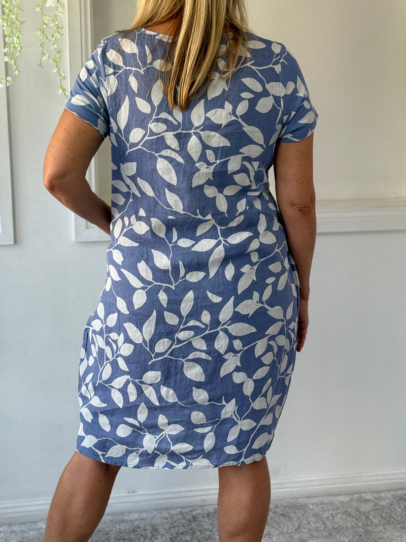 Sicily Blue Leaf Linen Dress