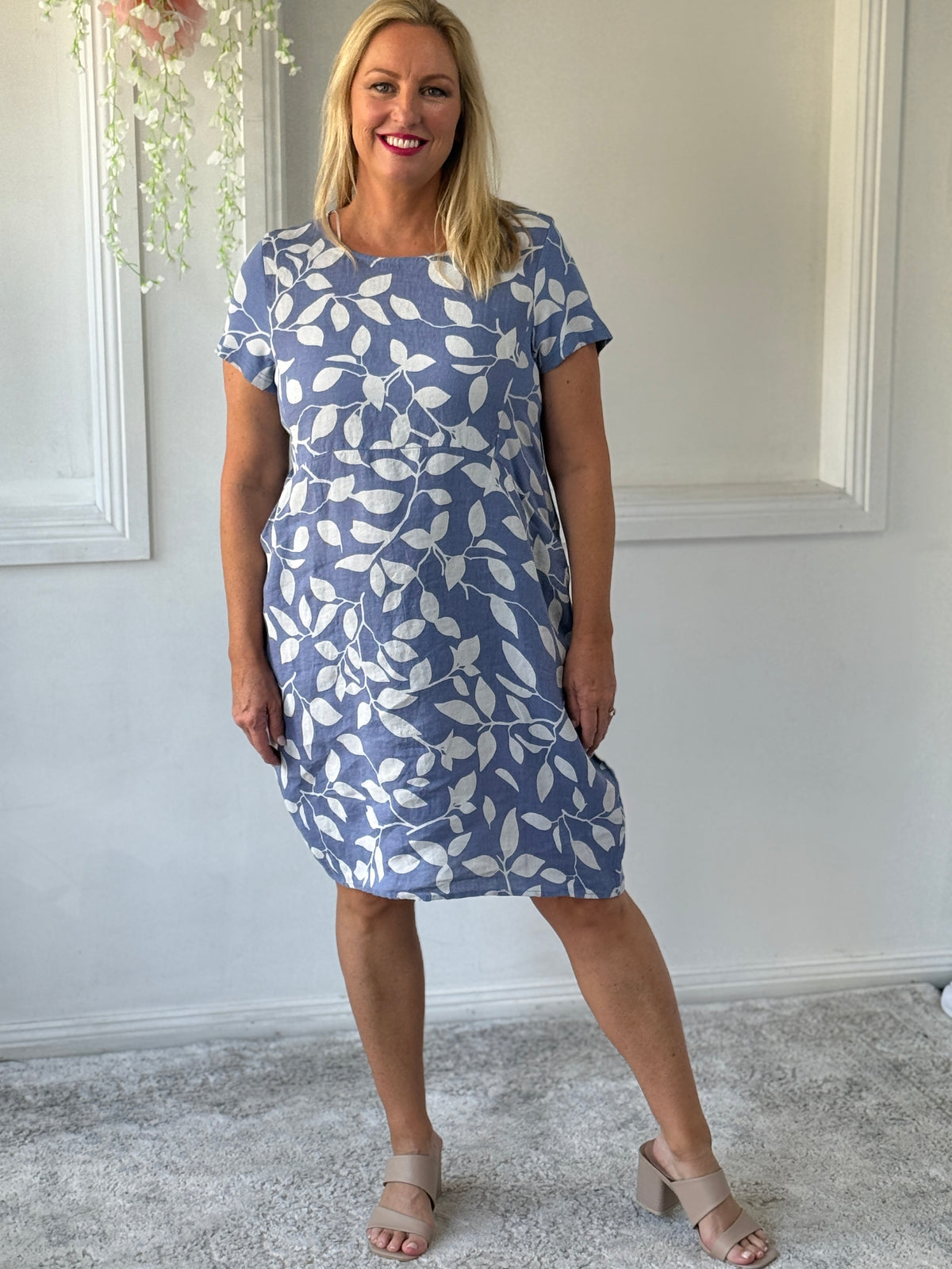 Sicily Blue Leaf Linen Dress