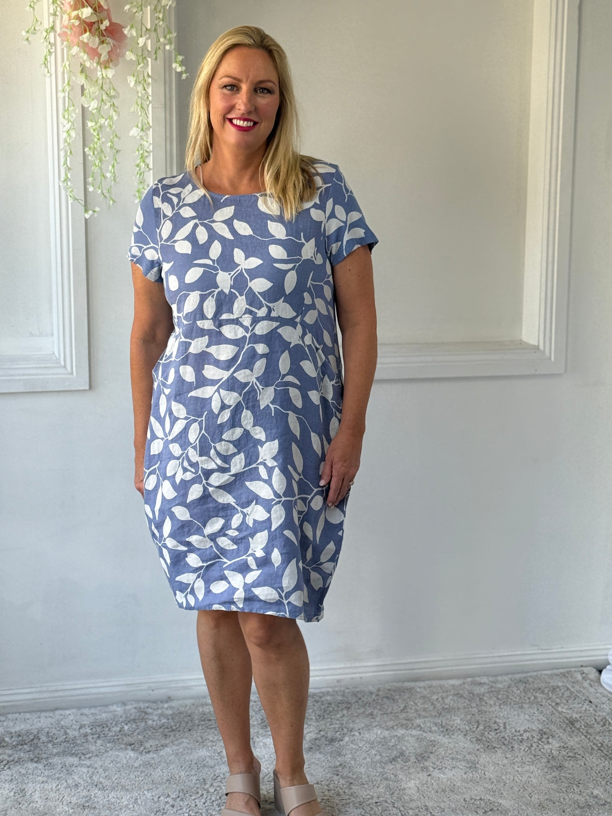Sicily Blue Leaf Linen Dress