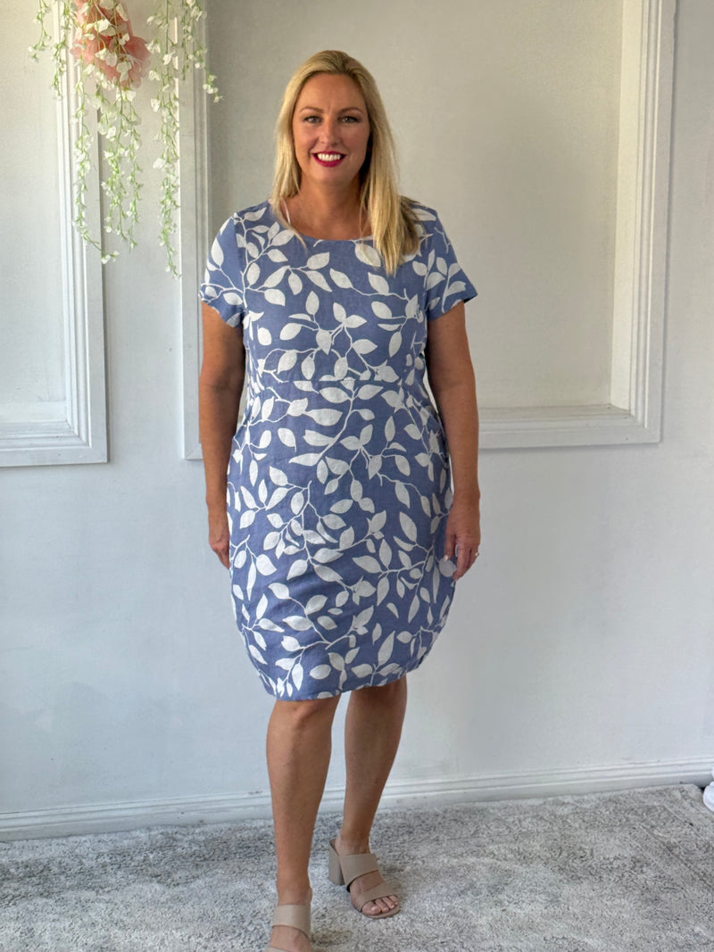 Sicily Blue Leaf Linen Dress