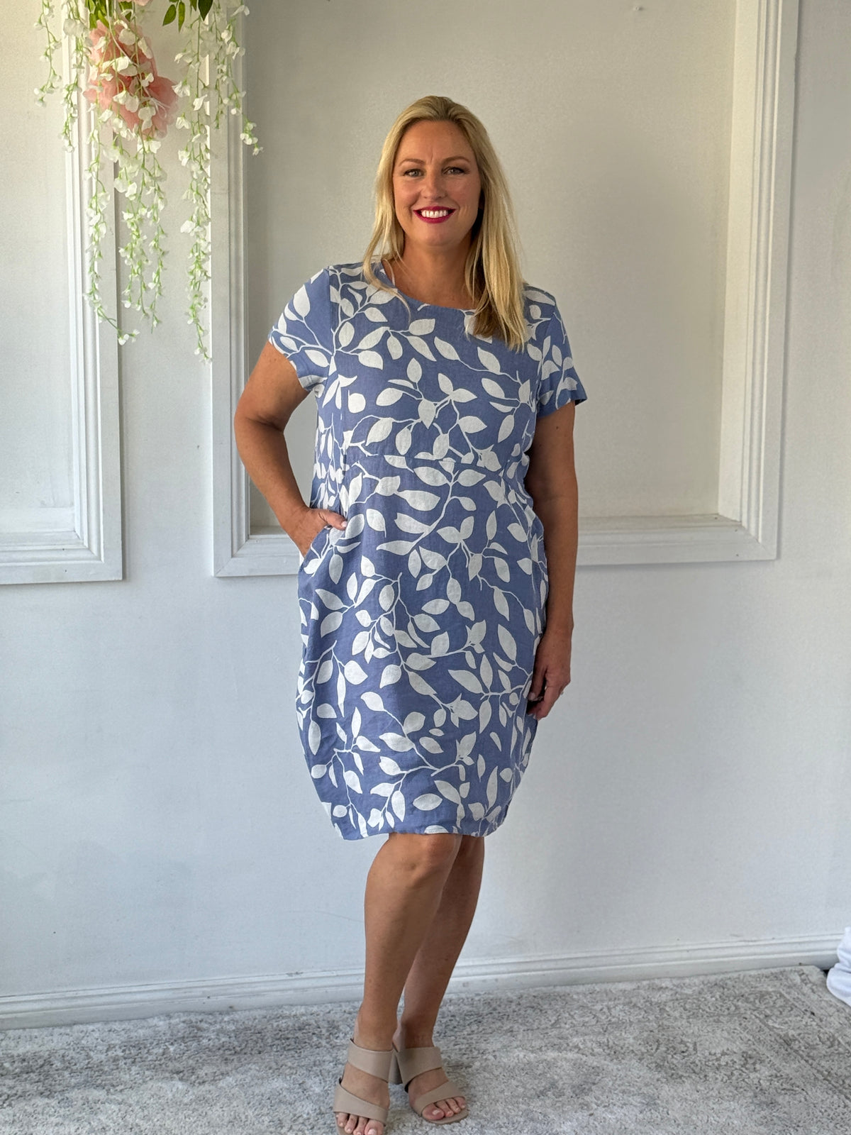 Sicily Blue Leaf Linen Dress