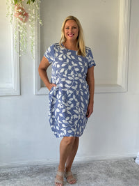 Sicily Blue Leaf Linen Dress