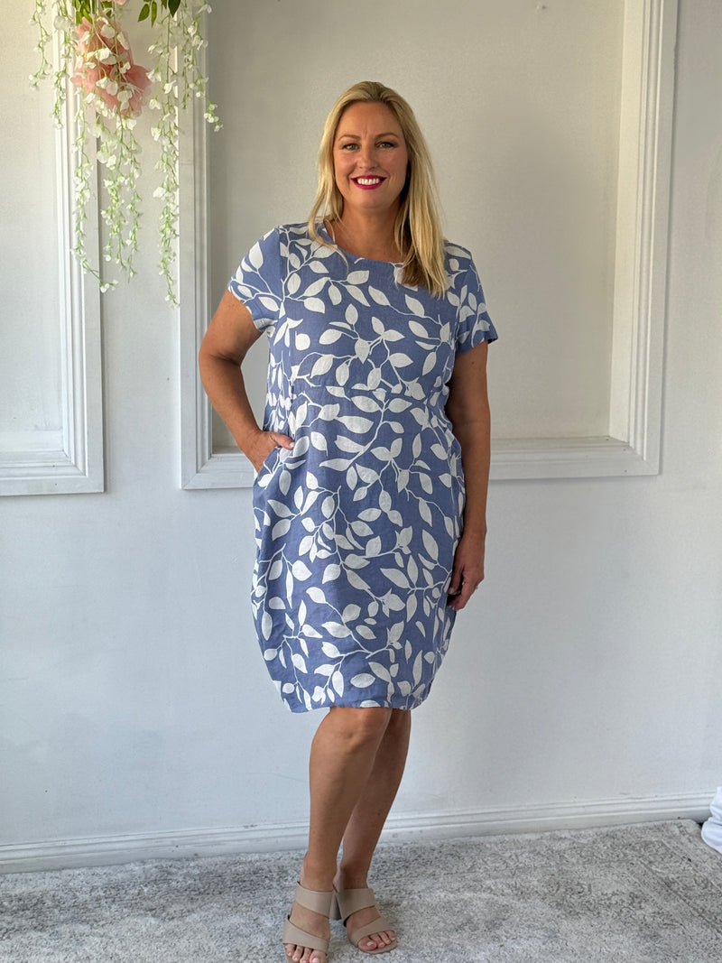 Sicily Blue Leaf Linen Dress